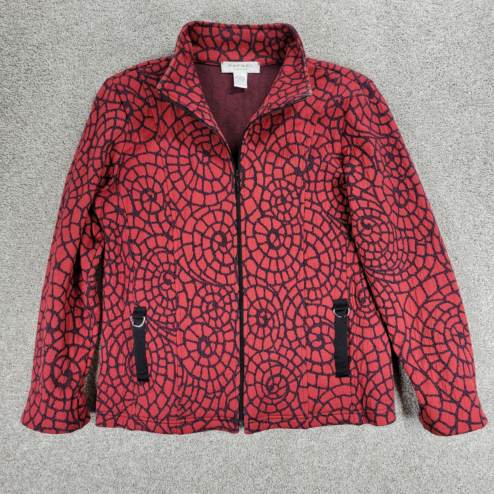 Vintage Rafael Sport Jacket Womens M Red Black Printed Zip Up High Neck Pockets