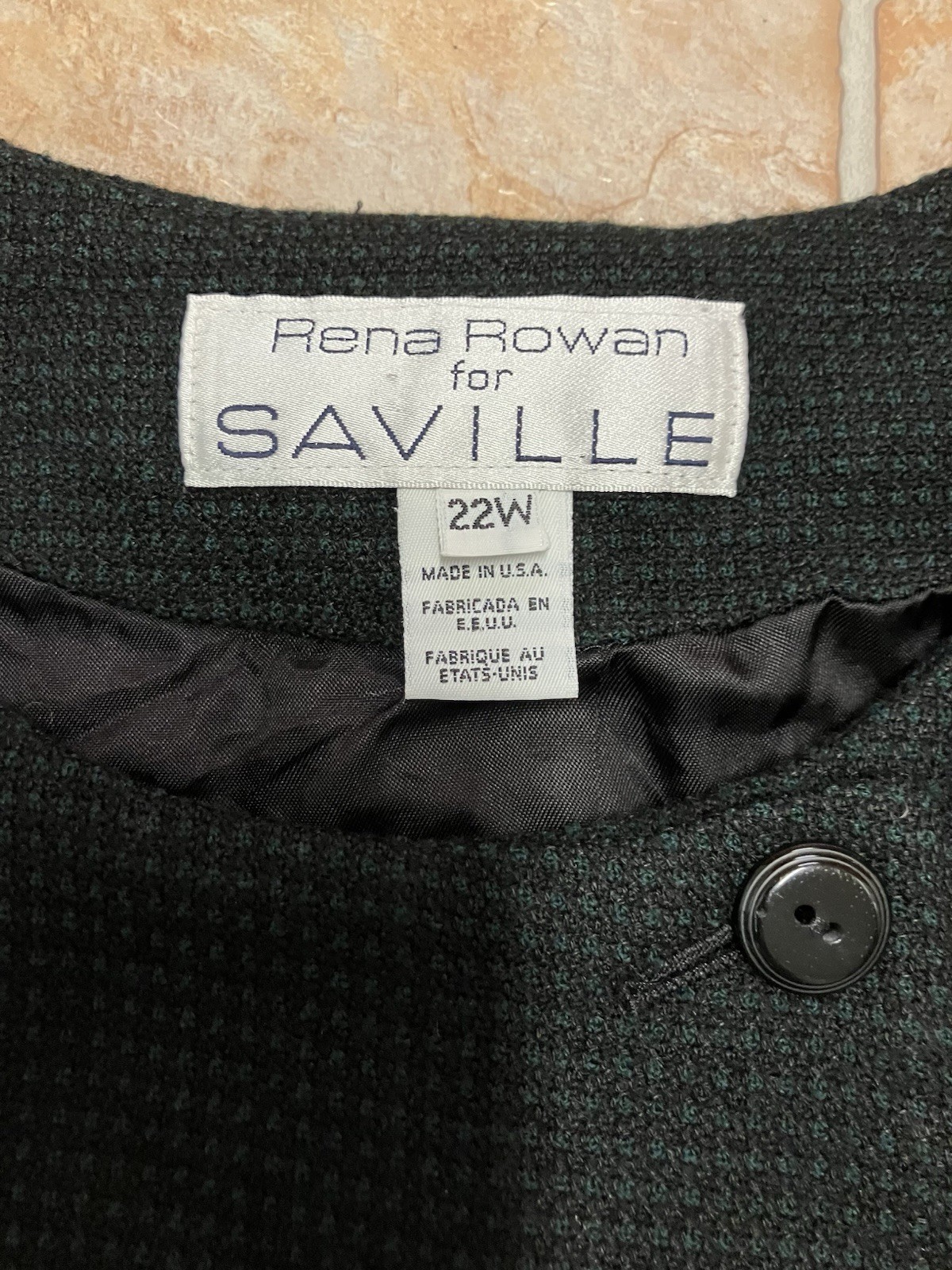 Rena Rowan for Saville Black Green Plaid Wool Blend Double Breasted Blazer 22W