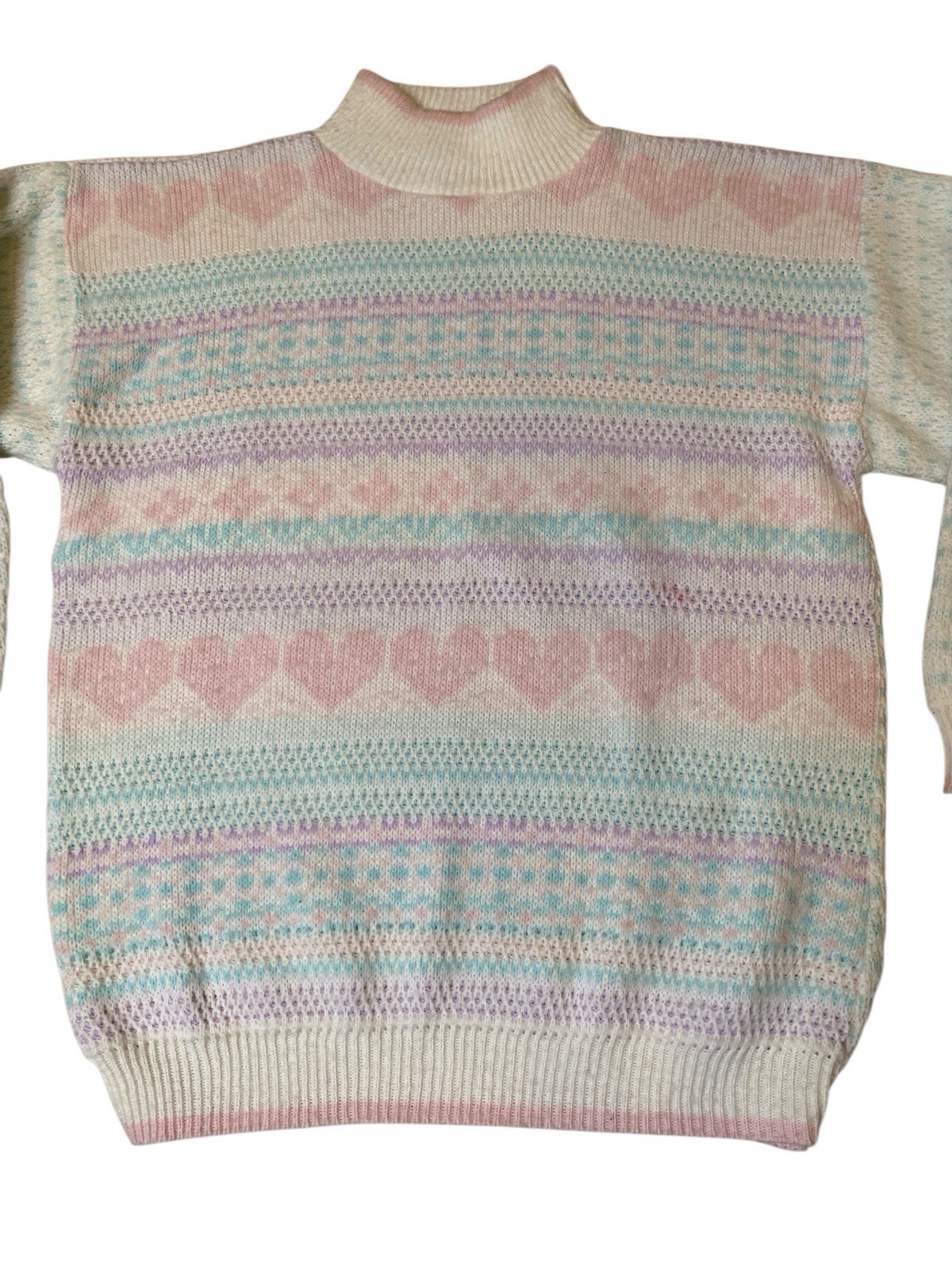 Vintage SPUNKY 1980s Knit Faire Isle w/ Hearts Sweater Pastel Pink/Purple/Blue M