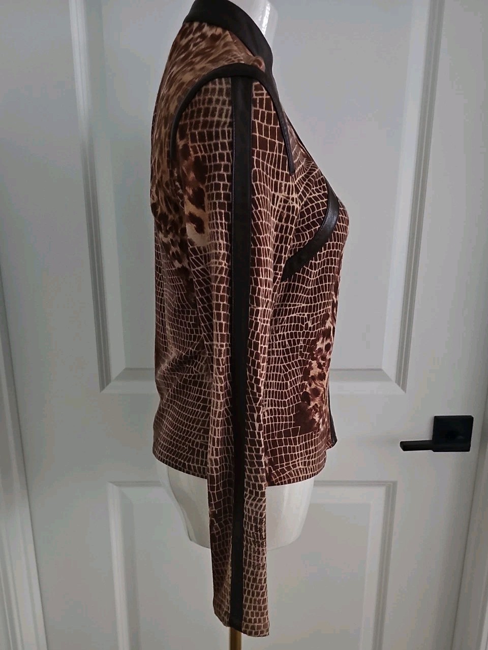 Vtg Y2K Mix Media Snake Leopard Print Mock Neck Faux Leather Panels Zip Sweater