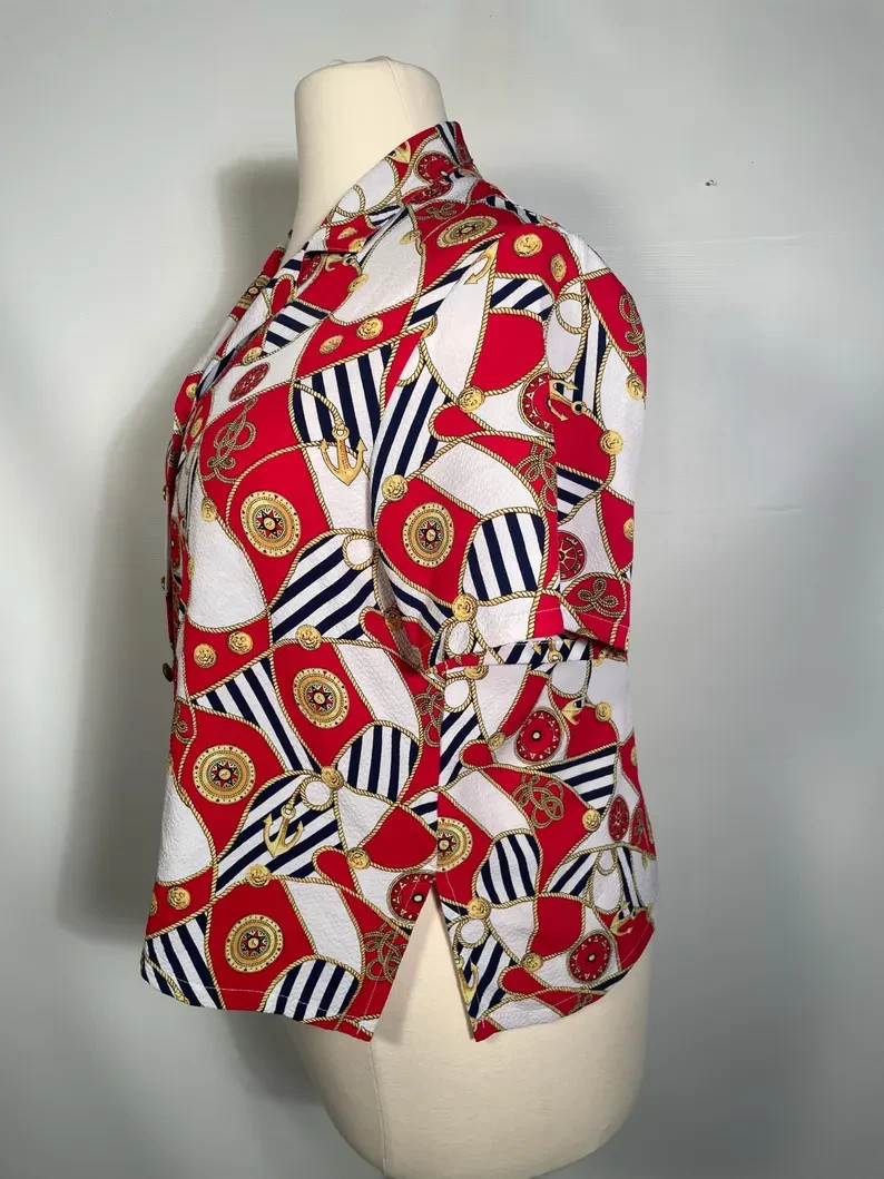 Vintage 80s/90s Plus Size Nautical Rope And Anchor Print Blouse Size XL/2XL