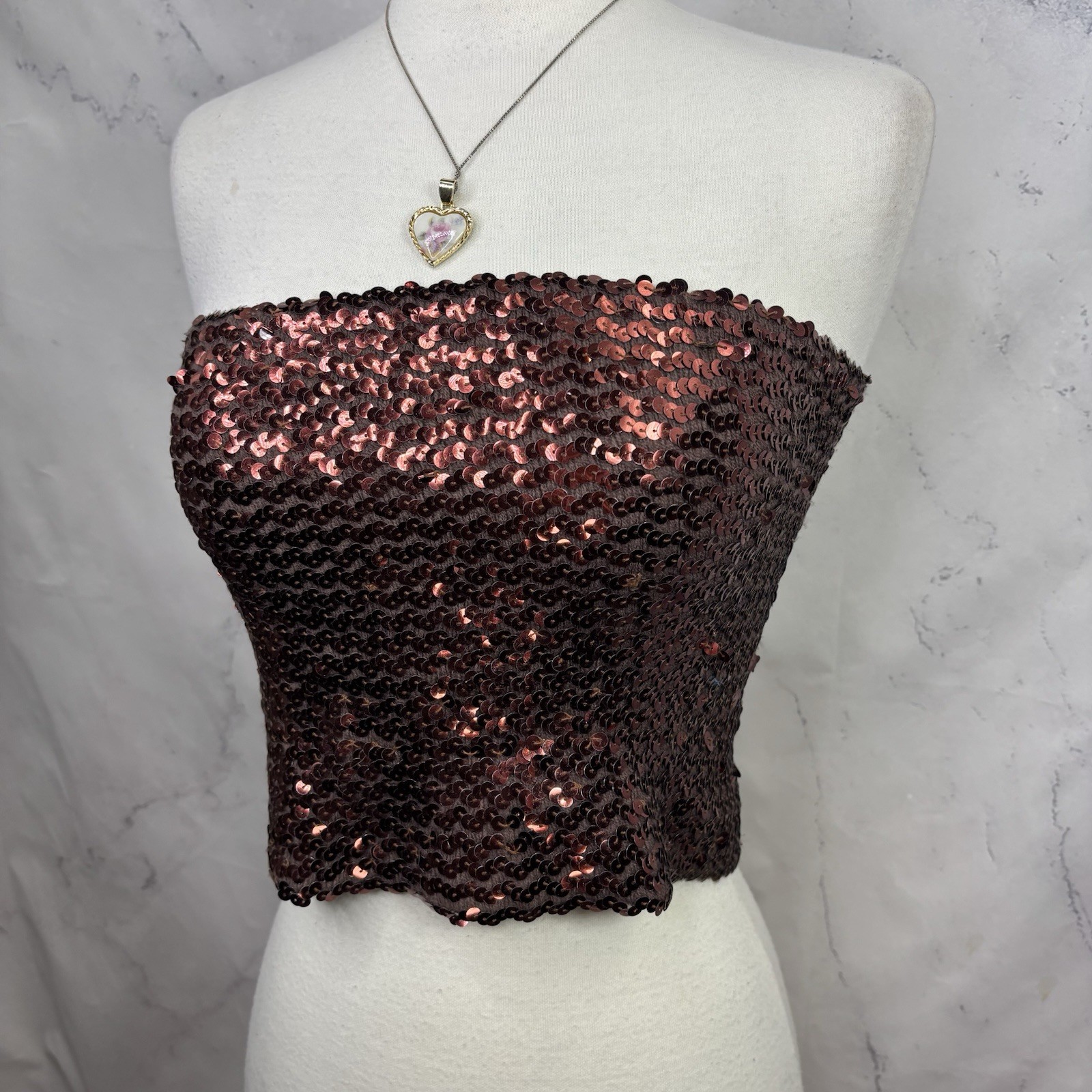 Vintage 1980s 90s Copper Brown Disco Sequin Tube Top Crop Top sz S USA Retro