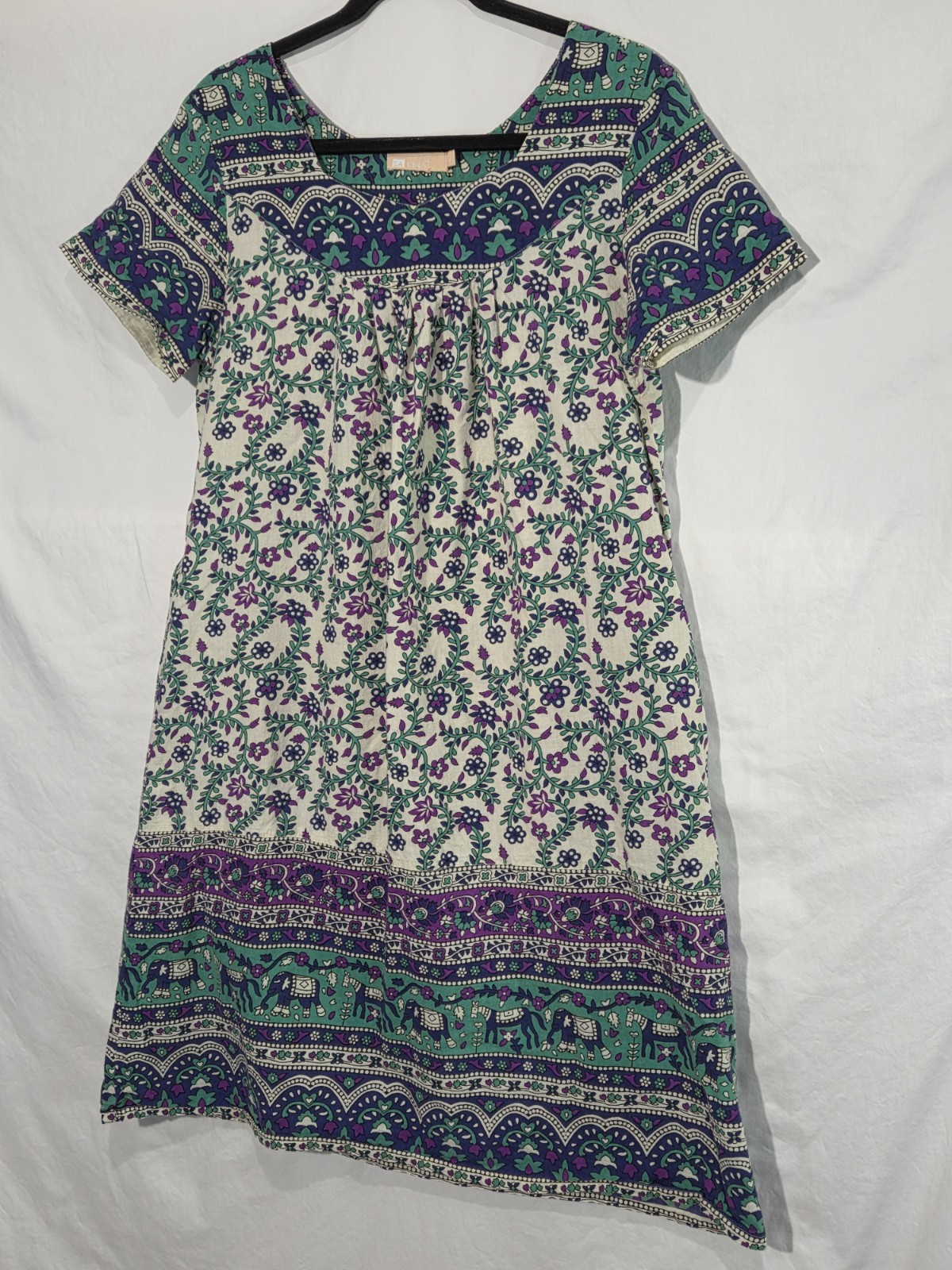 La Cera Shift Dress Womens Small Purple Teal Elephant Floral Cotton Boho Pockets