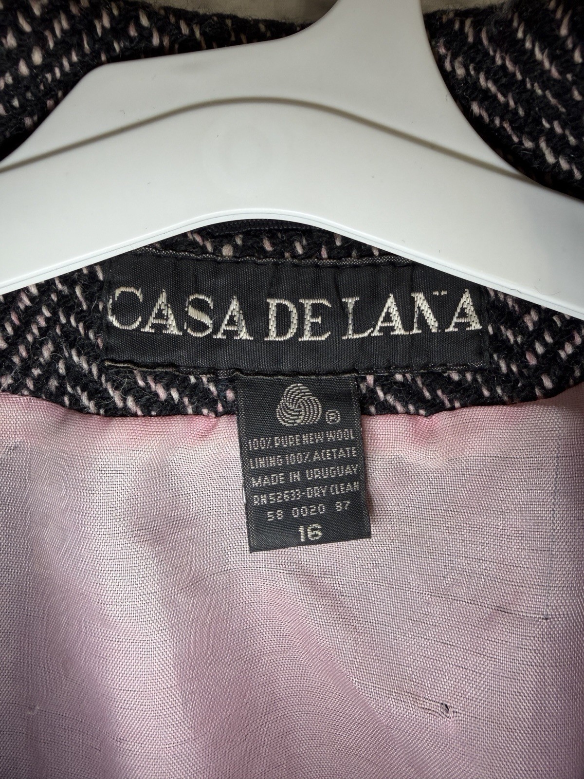 Vintage Casa De Lana Uruguay 100% Pure New Wool Herringbone Pink Lining Coat 16