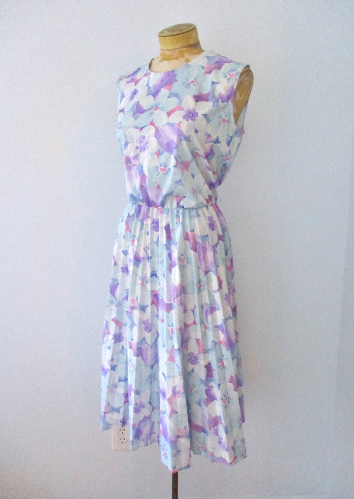 Vtg 70s Ms Lea Pink Purple Floral Poly Knit Secretary Dress Accordion Pleats 16