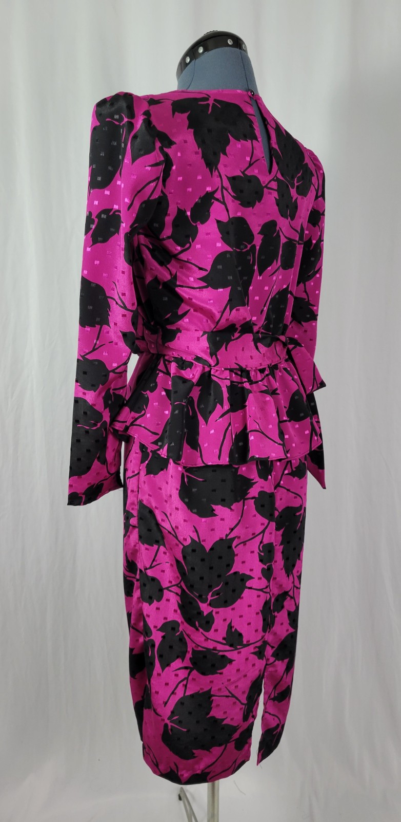 Vintage Jody of CA Pink & Black Faux Wrap Dress w Peplum & Tie Back Size 3/4