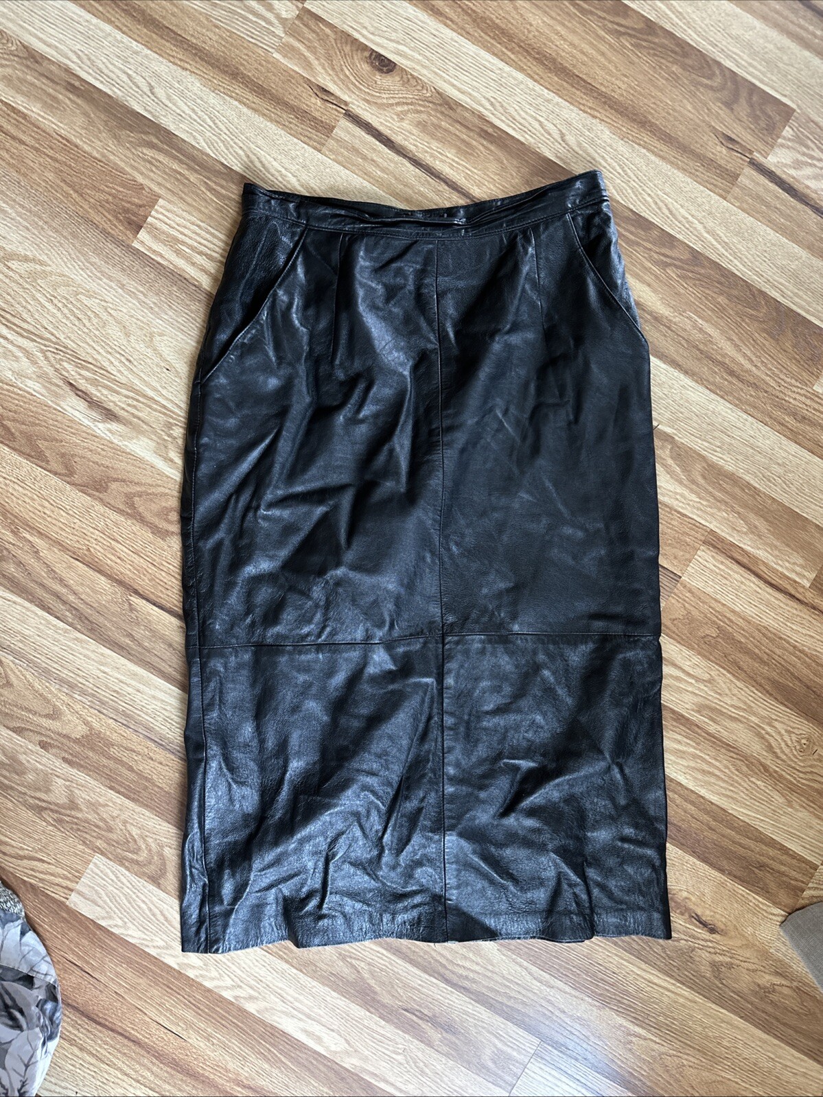 Vintage Black Leather Skirt Size 13 High Waist Ankle Mid Length Leathercraft