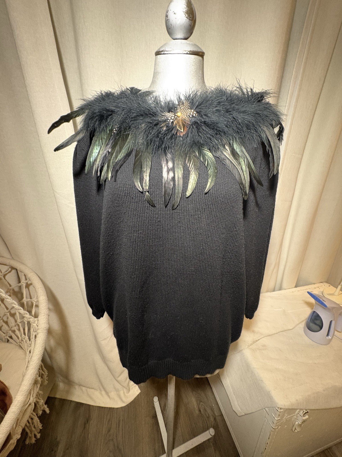 Rare 80s 90s Victoria Jones Woman Feather Sweater Maximalist Gothic Glam XL