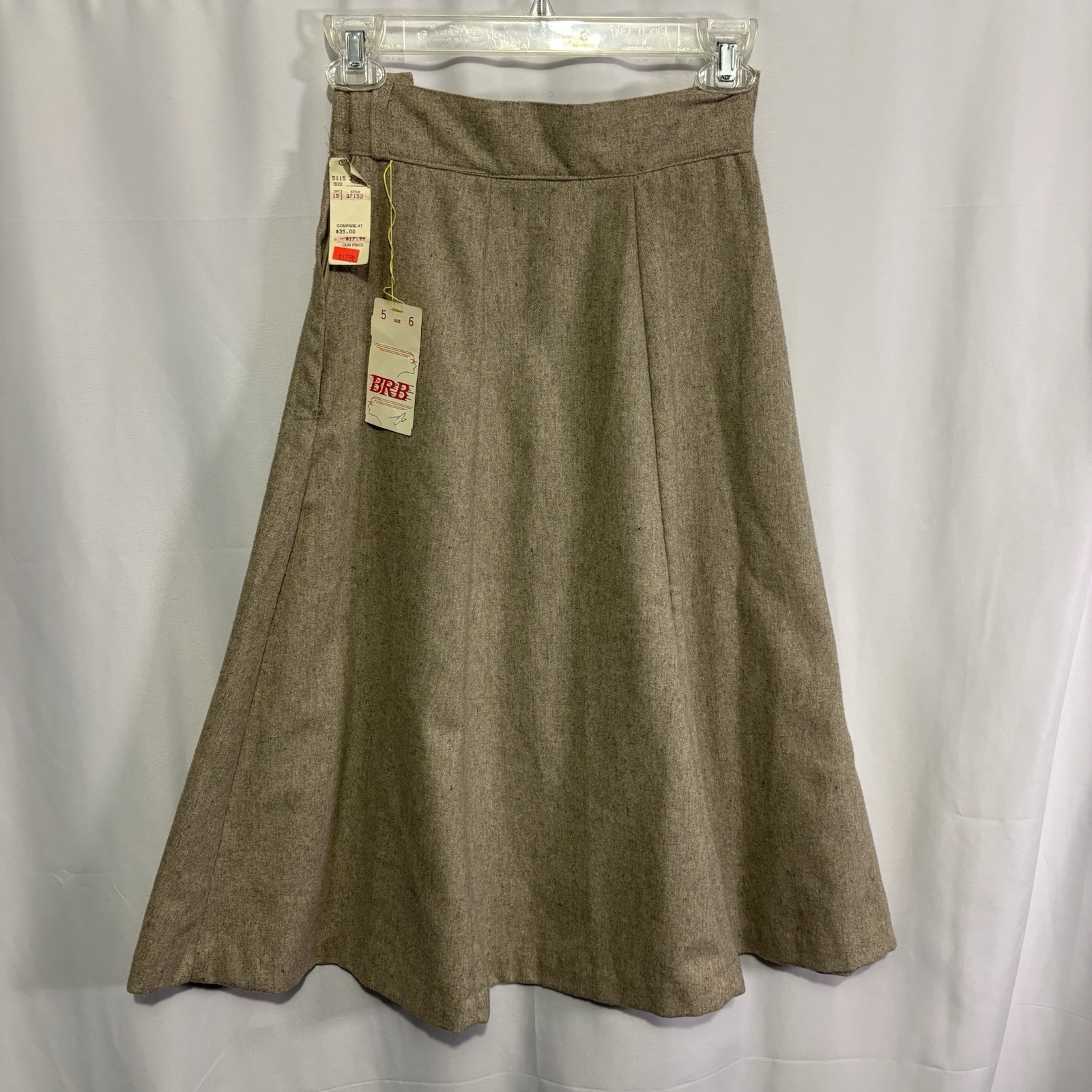 Vtg 80s Wool Blend Midi Skirt Taupe A-Line Cottagecore W23” Academia Deadstock