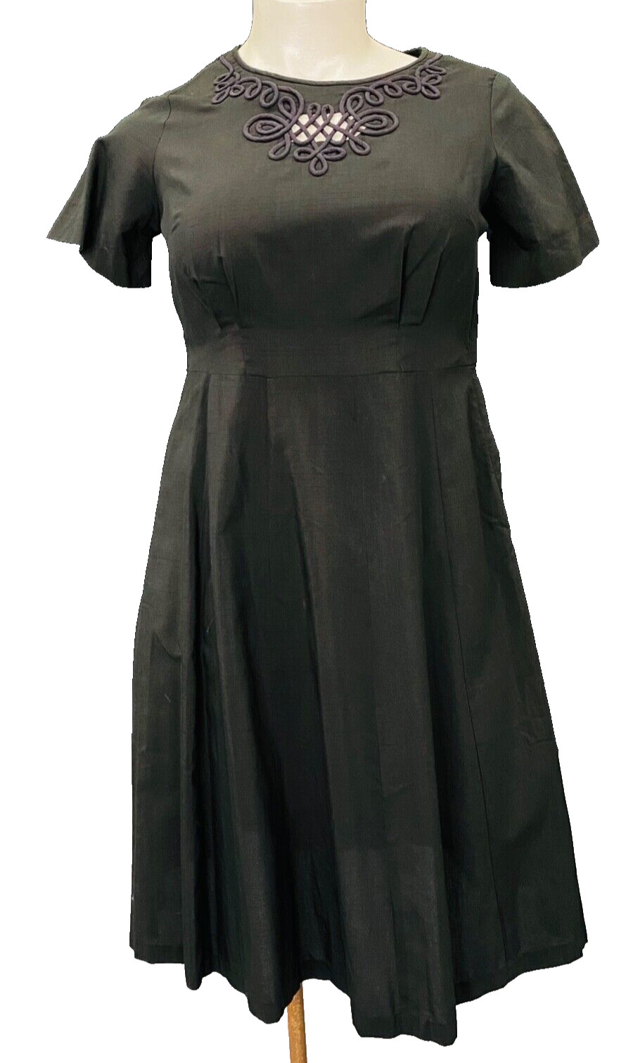 Vintage 1960s black dress, short sleeve cotton rayon 1950s keyhole summer L