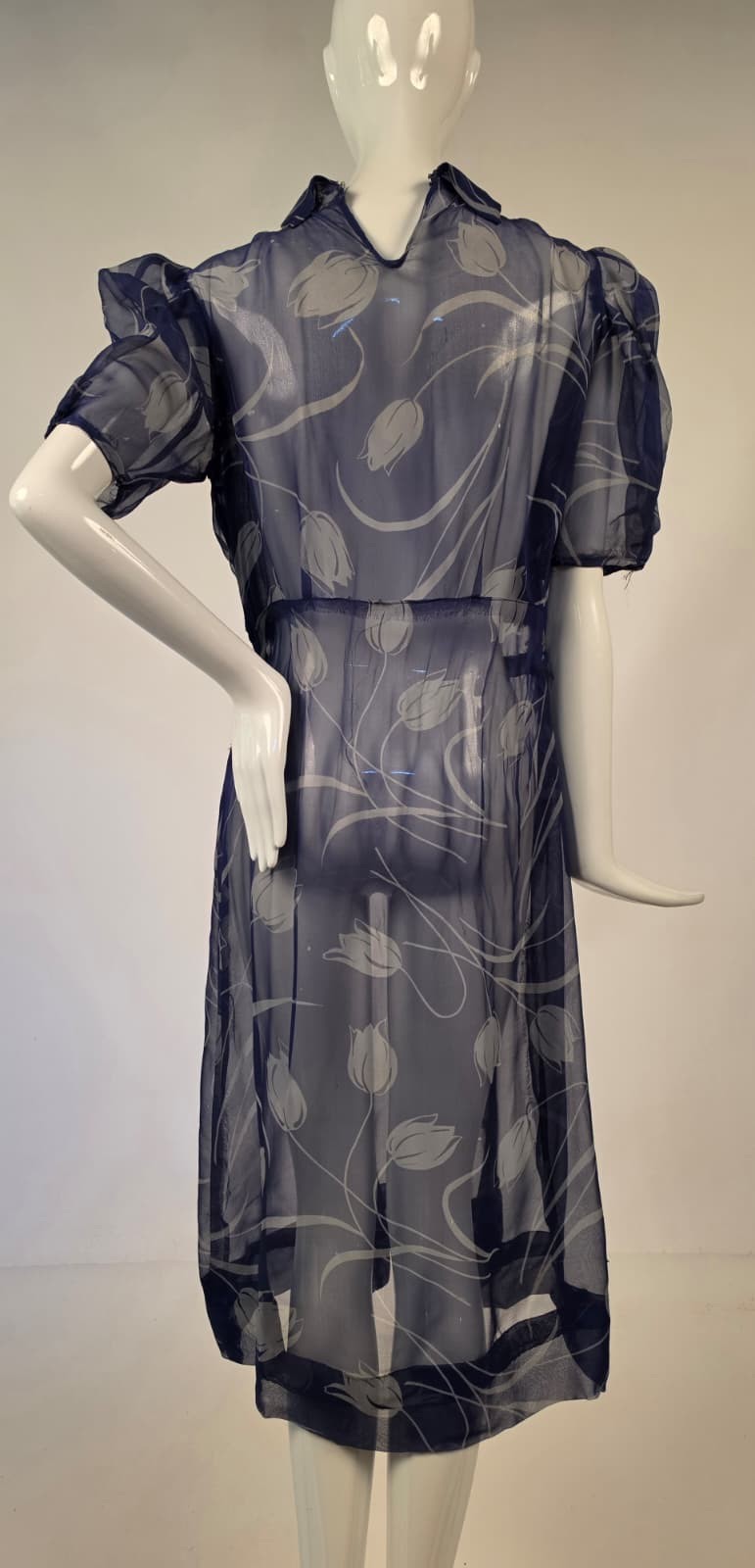 1930’S TULIP PRINT SILK CHIFFON DRESS W PUFF SLEEVES – AS ACQ