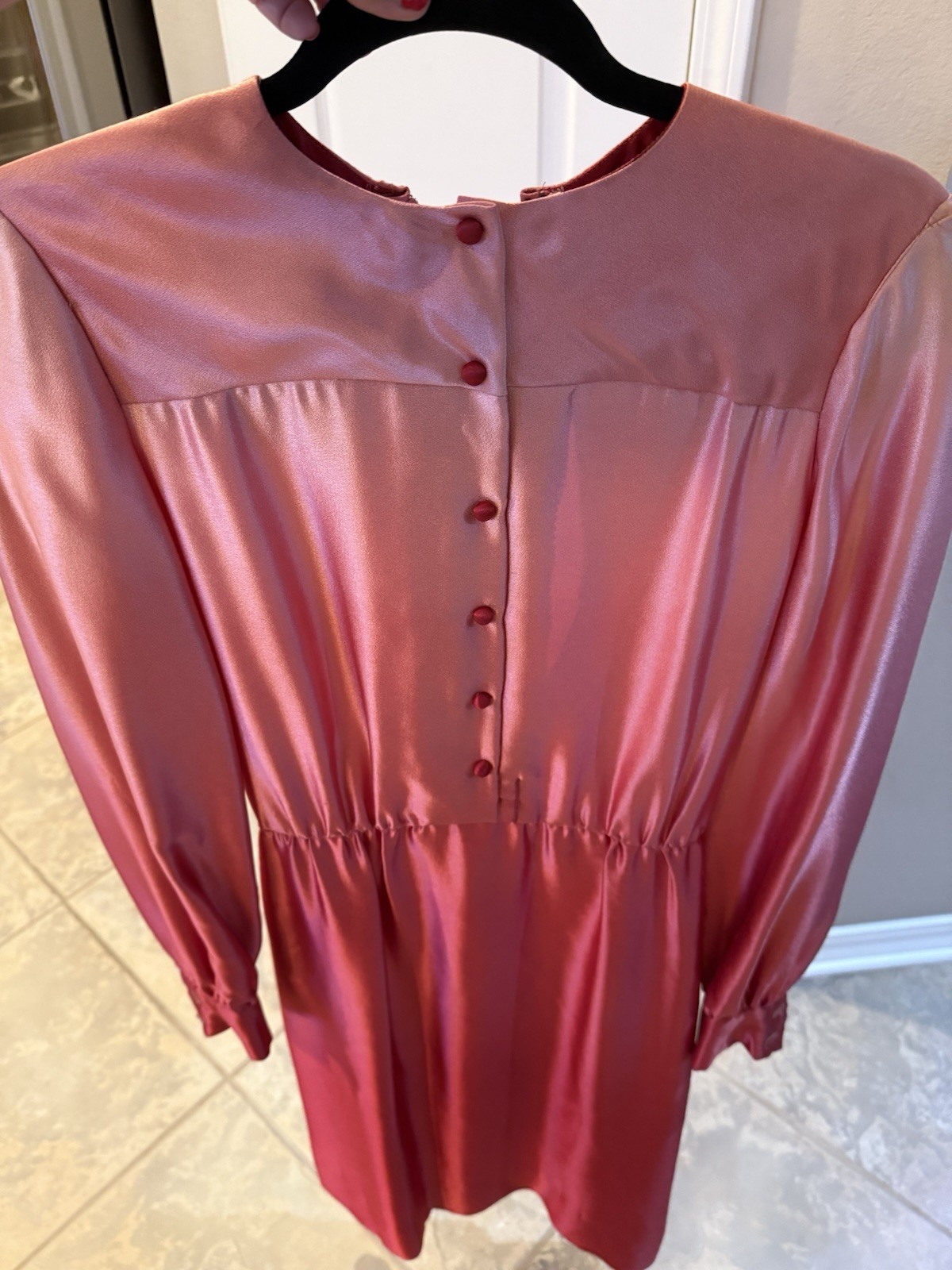 Vintage 70s Pat Sandler Ombre Pink Red Satin Dress Long Sleeve Midi Retro Small
