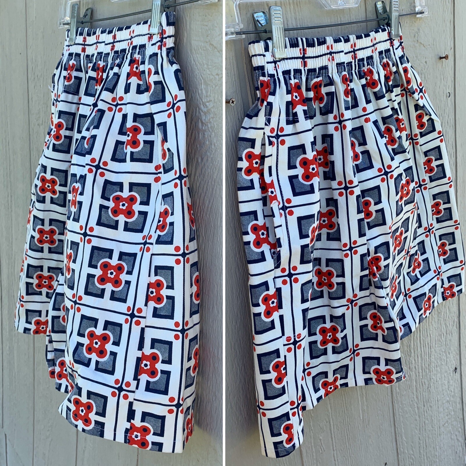 Vintage High Waist Shorts Red White Blue Geometric Floral Elastic Waist XS S