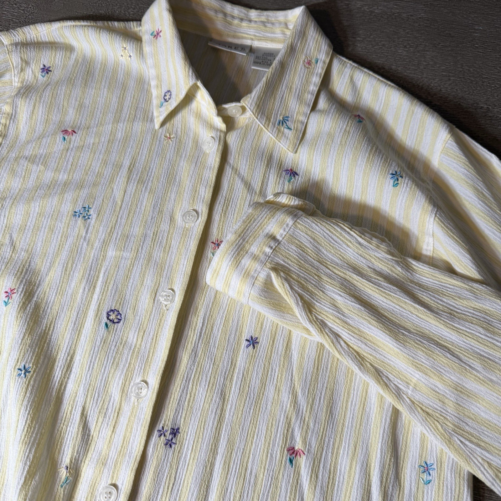 Vintage 90 KORET FRANCISCA Petite Large Yellow Strip Embordered Button Up Blouse