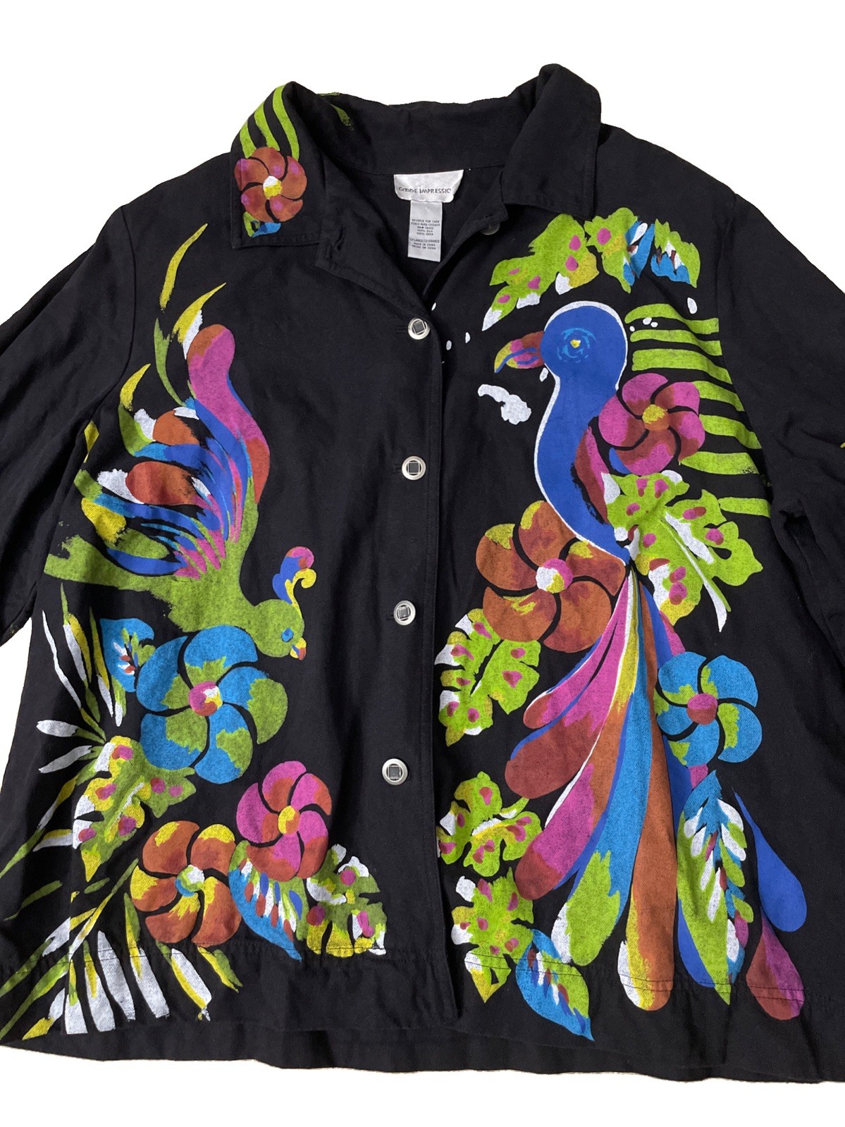VTG Goode Impressions 2X 100% Silk Hand Painted Peacock Art To Wear Jacket Shirt
