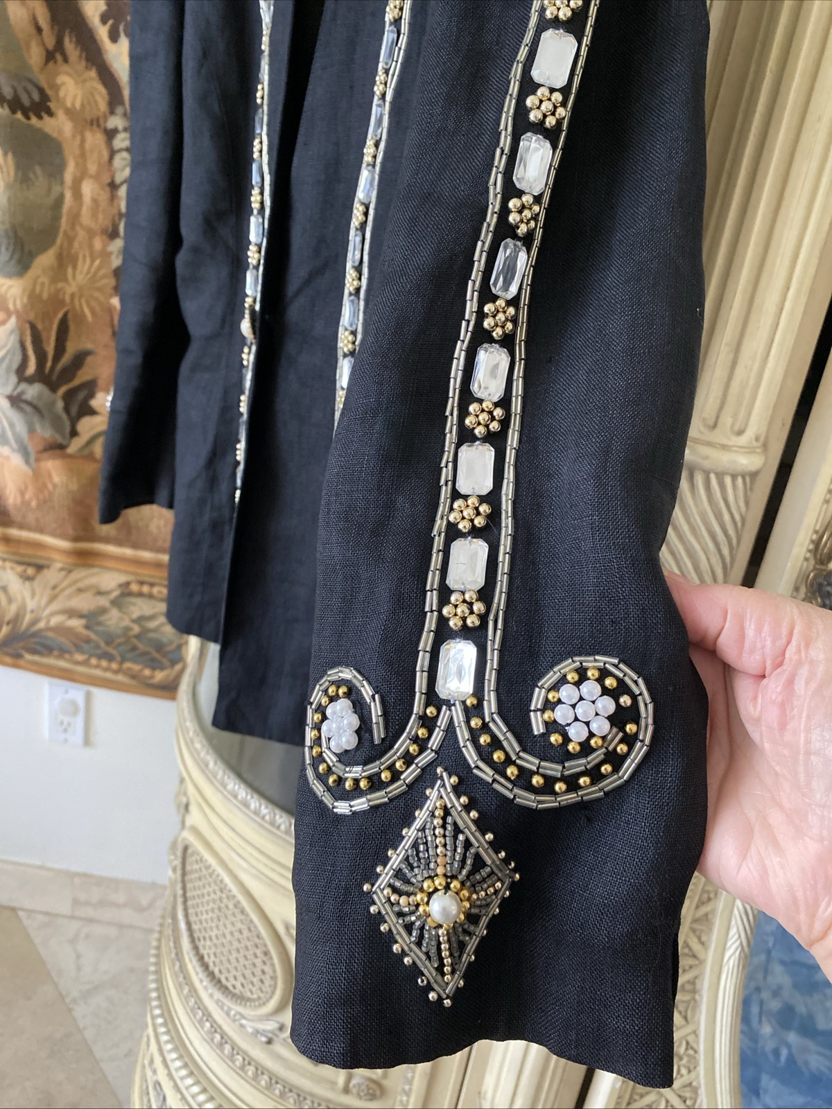 vintage Digna Yero Linen Black Embellished Stones Jacket SZ 14 Hong Kong