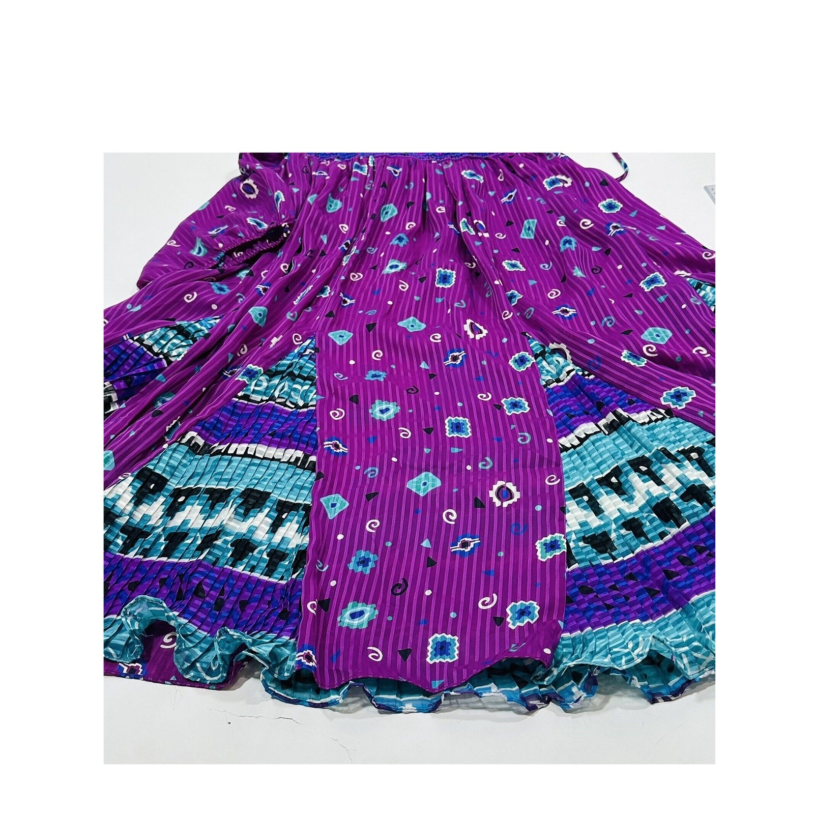 Vintage Assorti Susan Freis Size S Maxi Dress Purple Green Ruffle Smocked V Neck