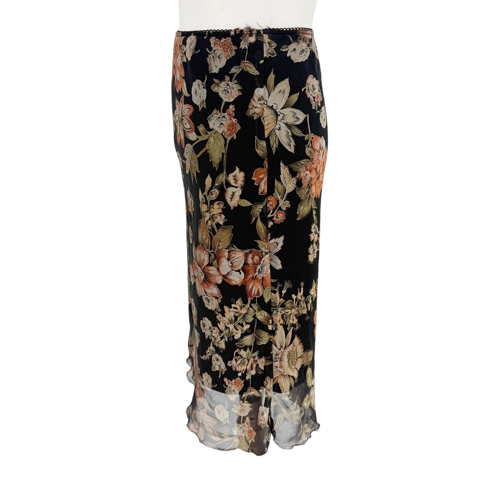 La Belle Mesh Pull On Black Floral Midi Skirt Women M Vintage 90s USA Lined
