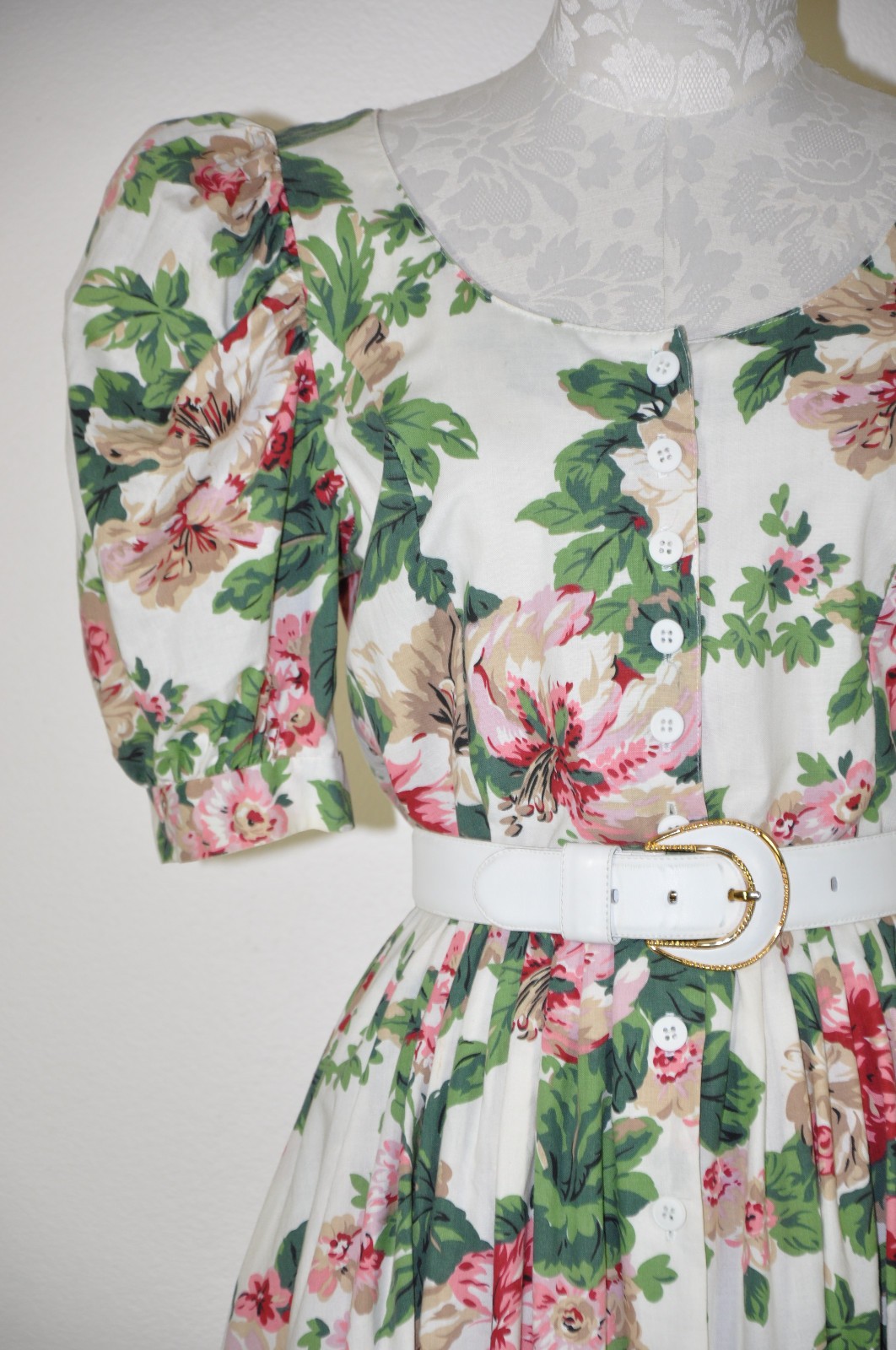 80s Vintage Pink Green Hibiscus Floral Puff Sleeve Romantic Midi Dress Women M L