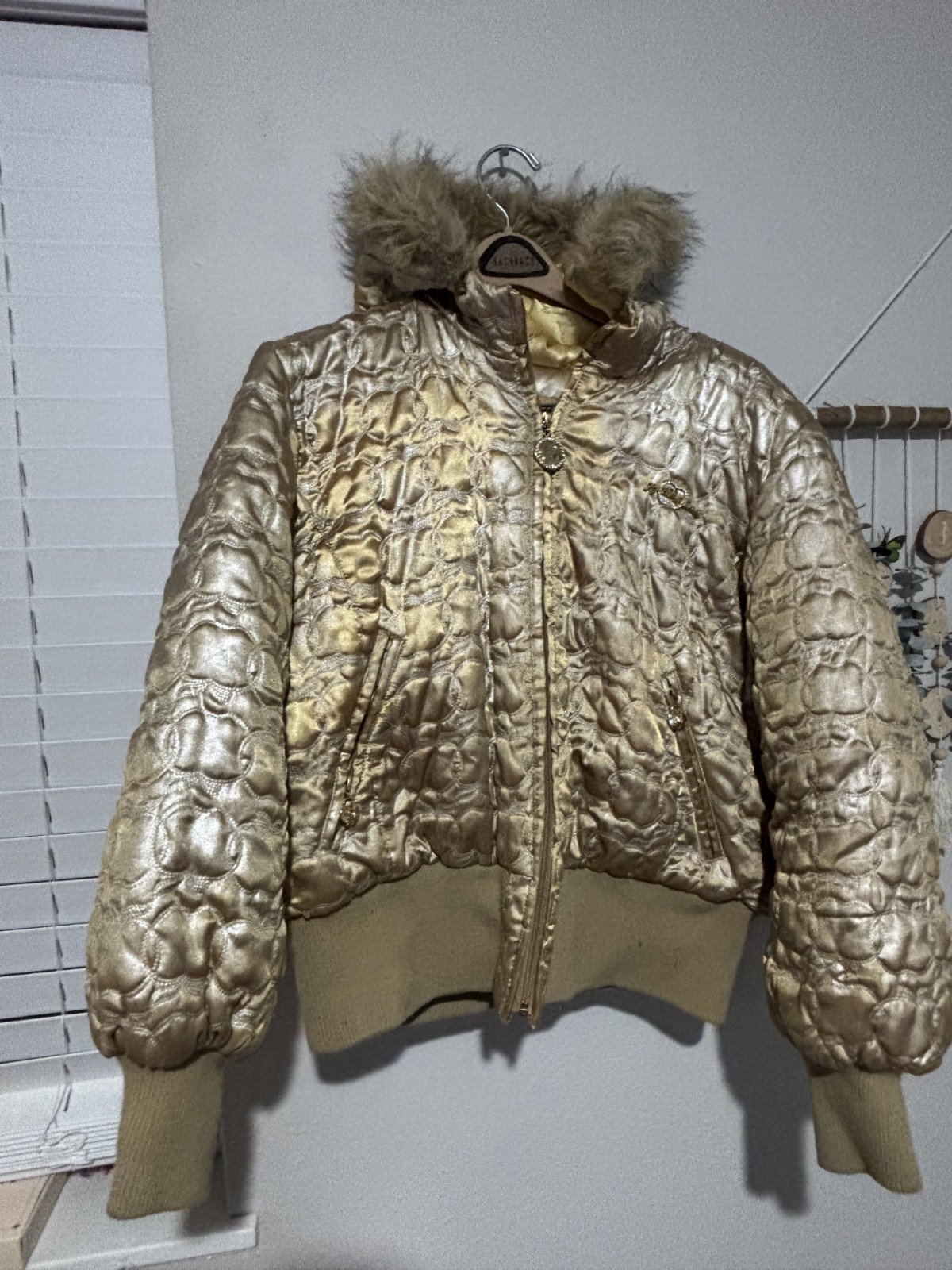 Vintage Apple Bottoms Picked Fresh Daily Puffer Jacket Womens 2X Gold Fur Hooded