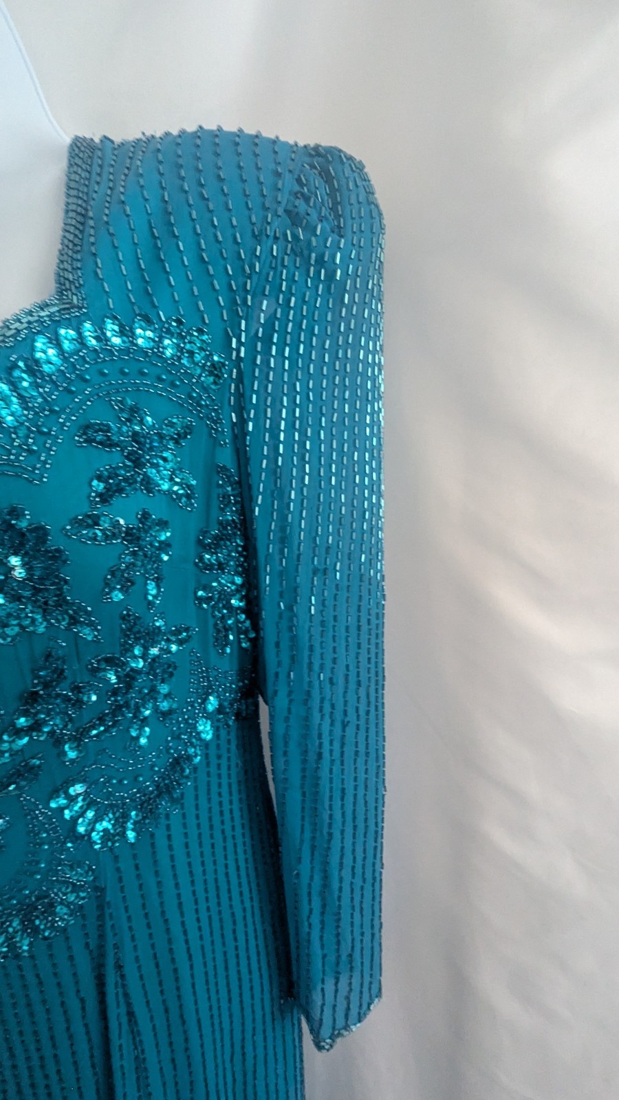 JASDEE New York Vintage Dress Hand Work Bead & Sequins Turquoise 100% Silk Sz L