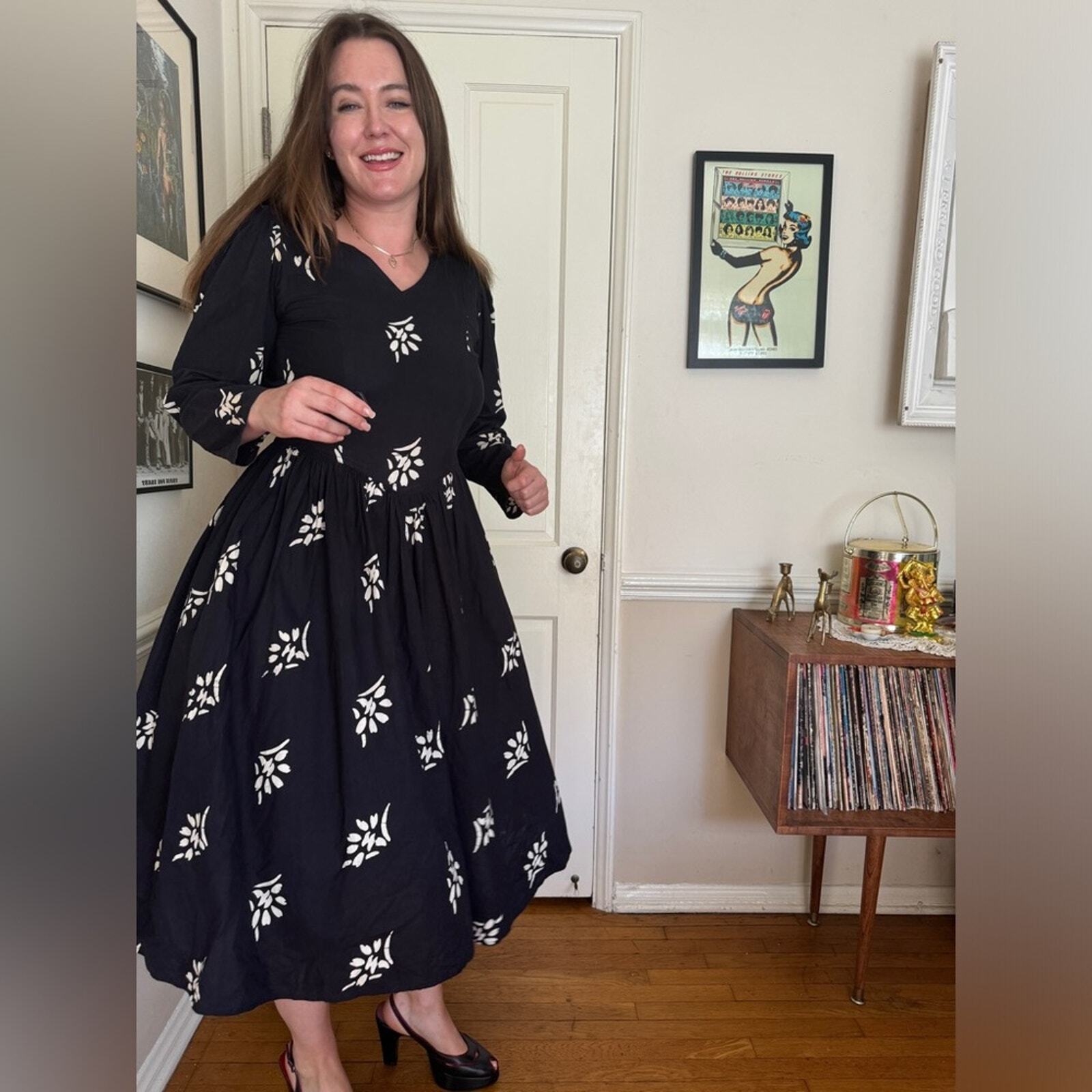 80s Does 50s Vintage Long Sleeve Black Cotton Fit and Flare Dress