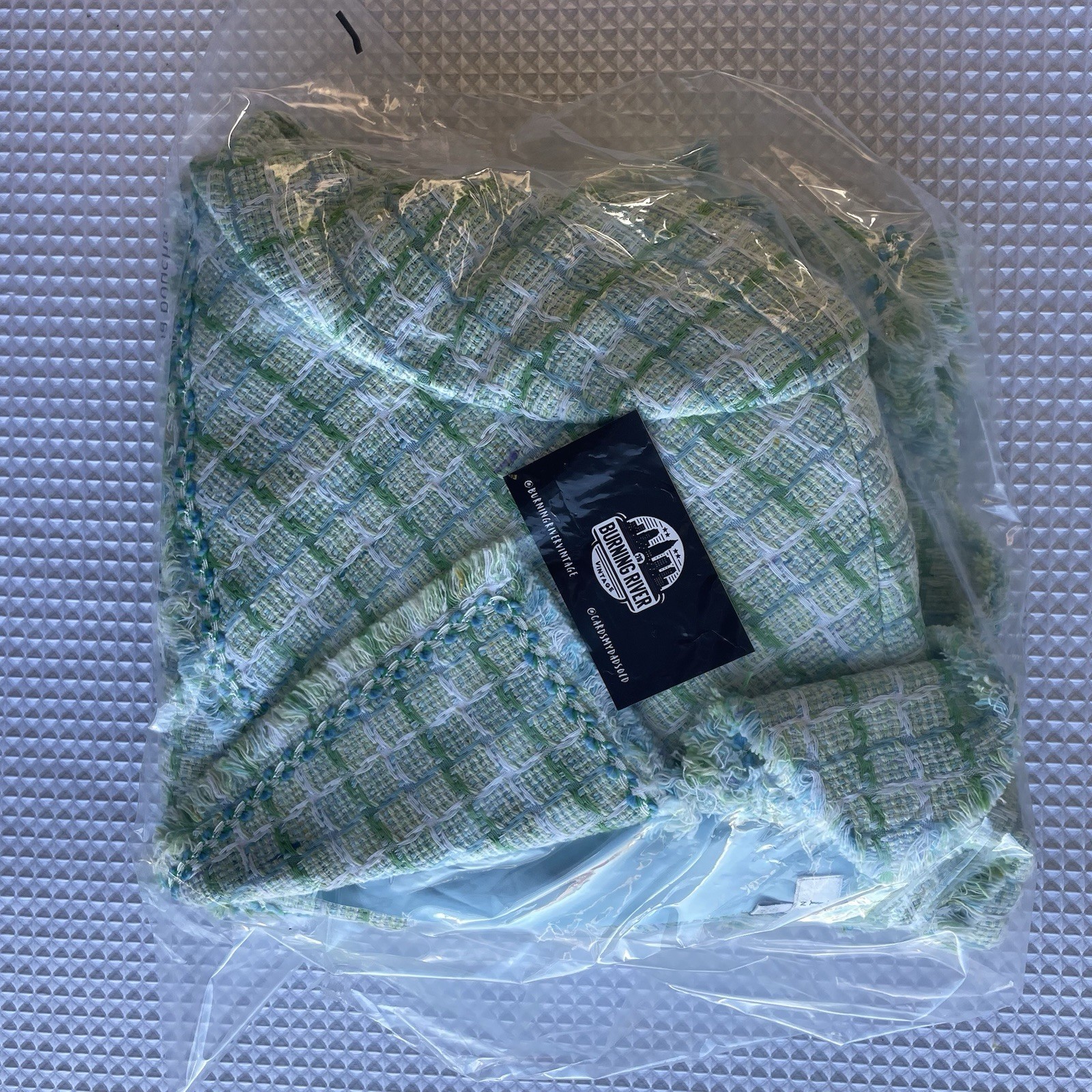 Kay Unger New York Tweed Jacket Skirt Suit | Fringe Trim | Pastel Green Sz 12