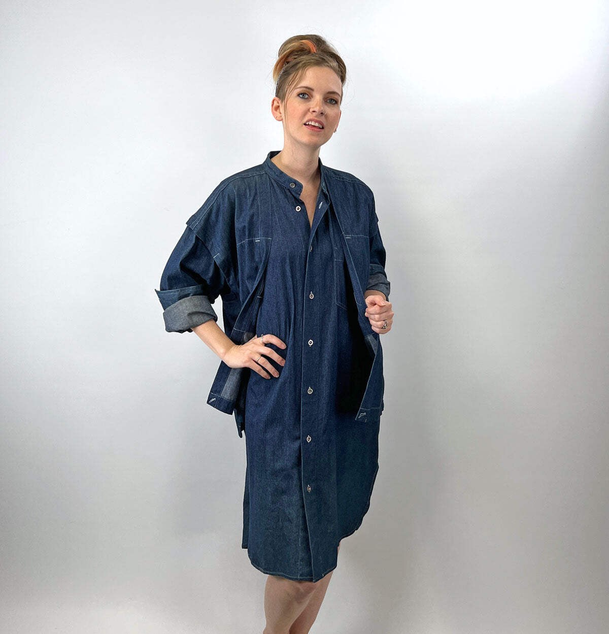 80s 90s Indigo Denim Coat Dress Issey Miyake Plantation OSFM Avant Garde