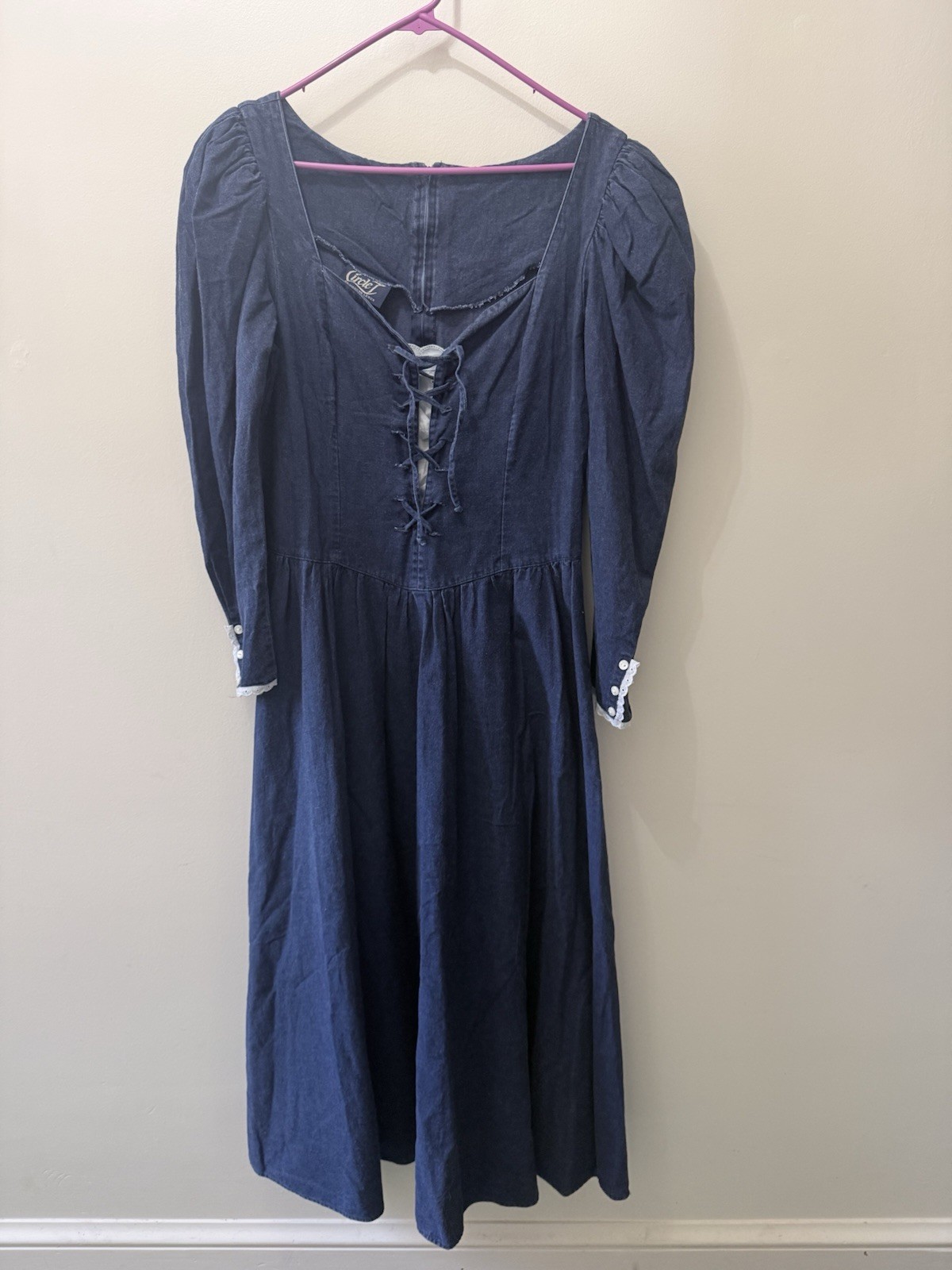 Vintage Renaissance Fairy Denim Lace Corset Front Bubble Prairie Whimsy Dress 14