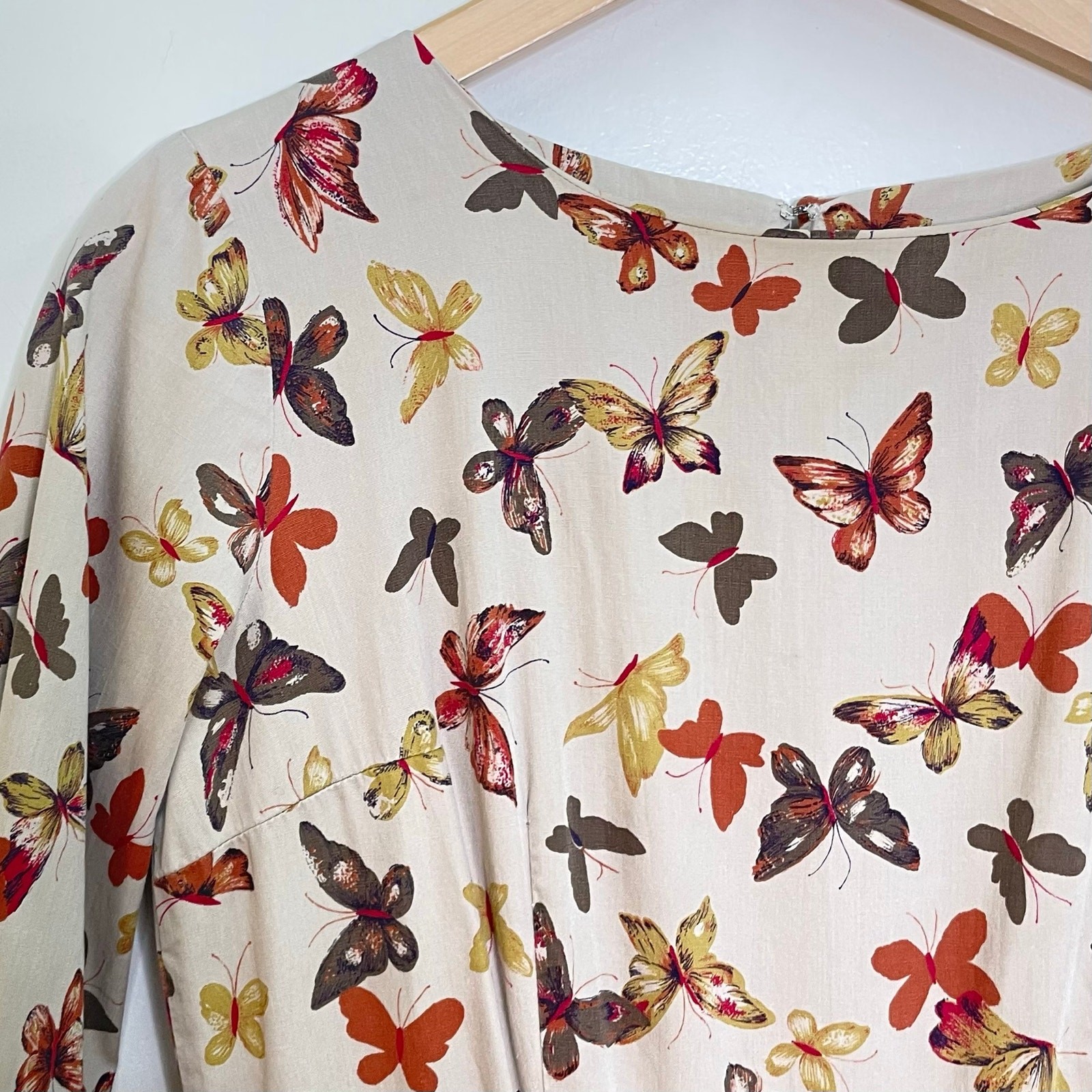 Vintage 50s 60s Valerie Original Tan All Over Butterfly Print Fit & Flare Dress