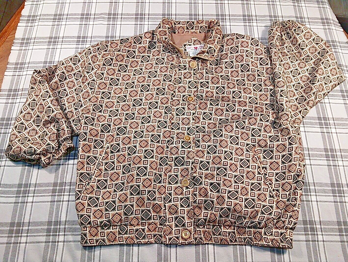 Stunt Sports Zippered Button Womens Windbreaker Geometric Silk Lightweight Sz XL