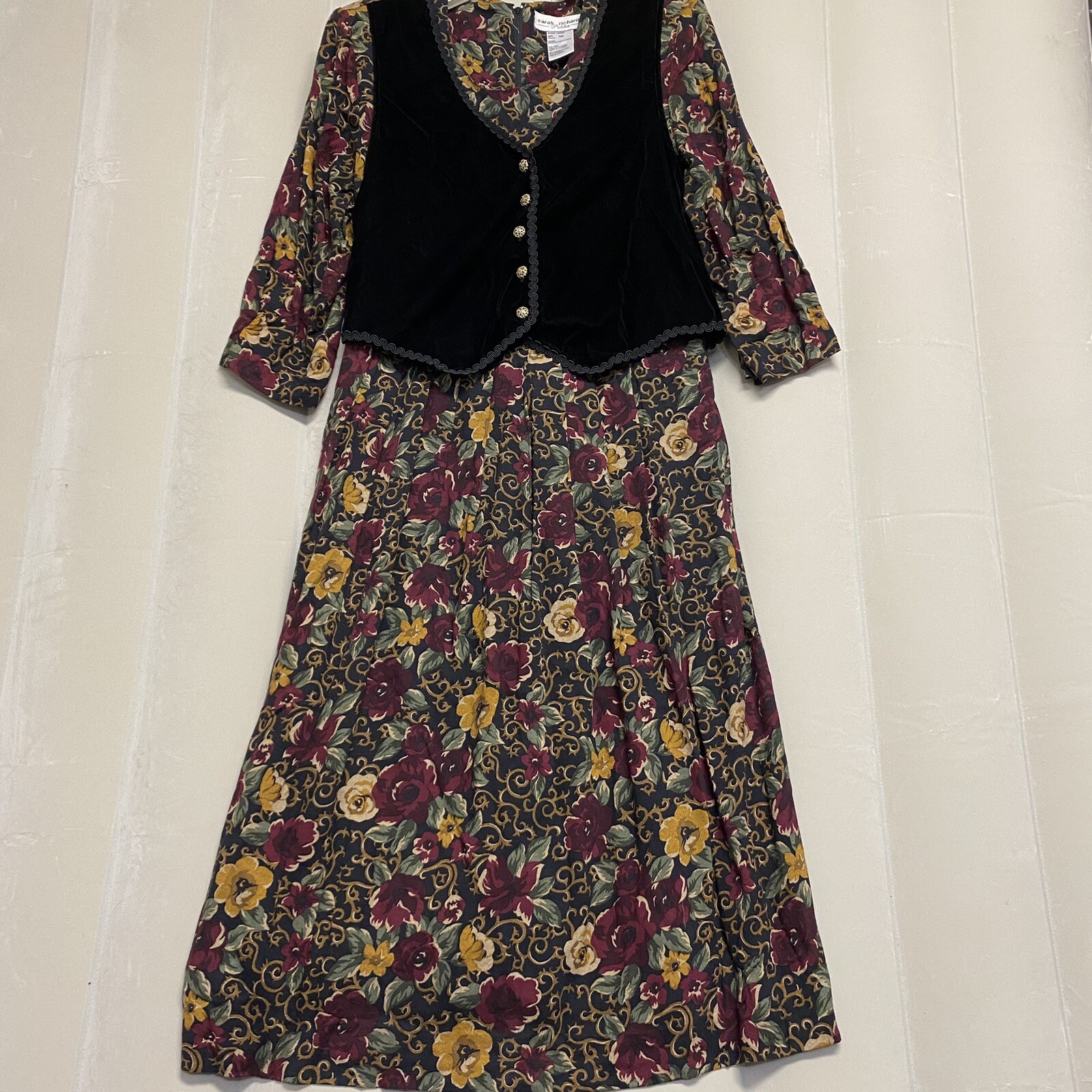 Vintage Sarah Richards Petites Dress 16P Maxi Floral Vest Prairie Cottagecore