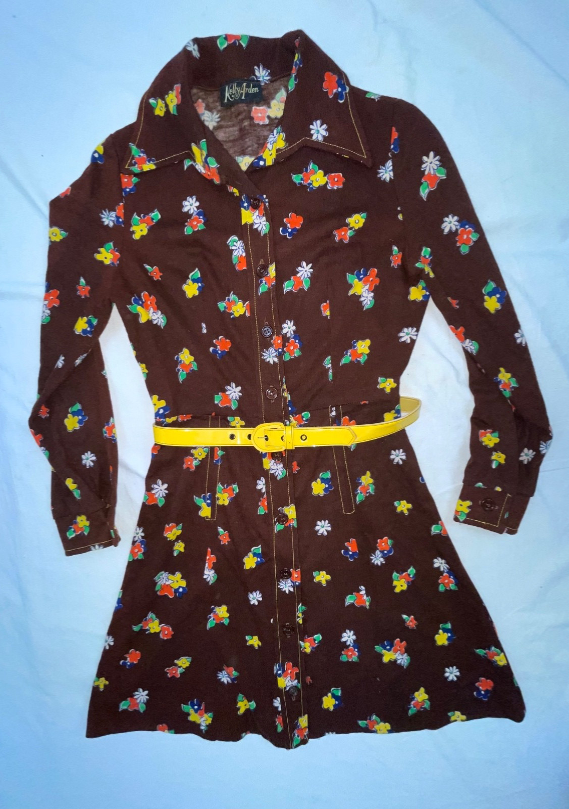 VTG 60S 70 WOMENS BROWN CUTE BABY DOLL MOD GOGO DISCO BUTTON FLOWER PRINT DRESS