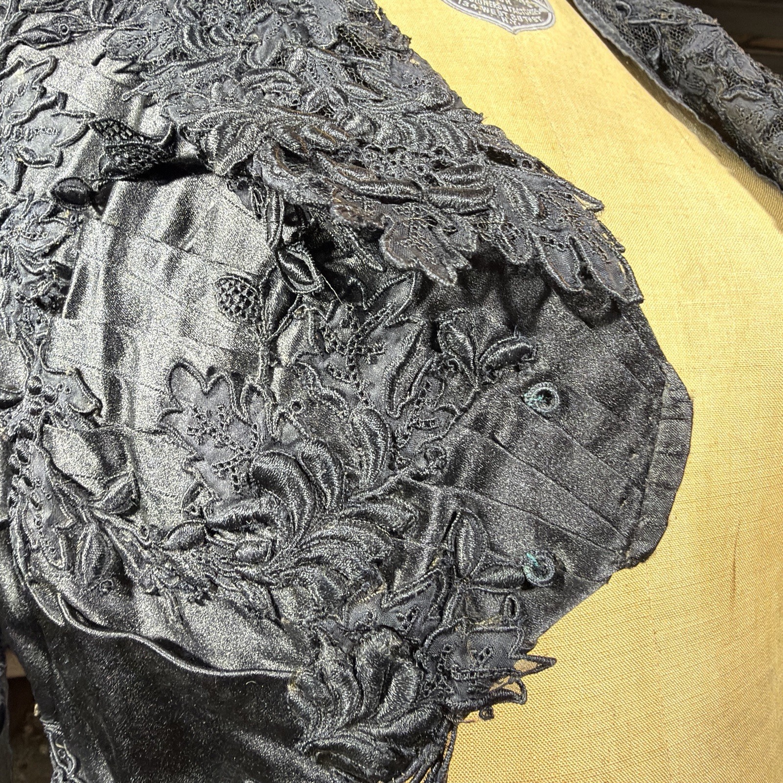 ANT/ VTG Edwardian Black Lace Satin Embroidered Sheer Bolero/Shrug 1890’s Goth