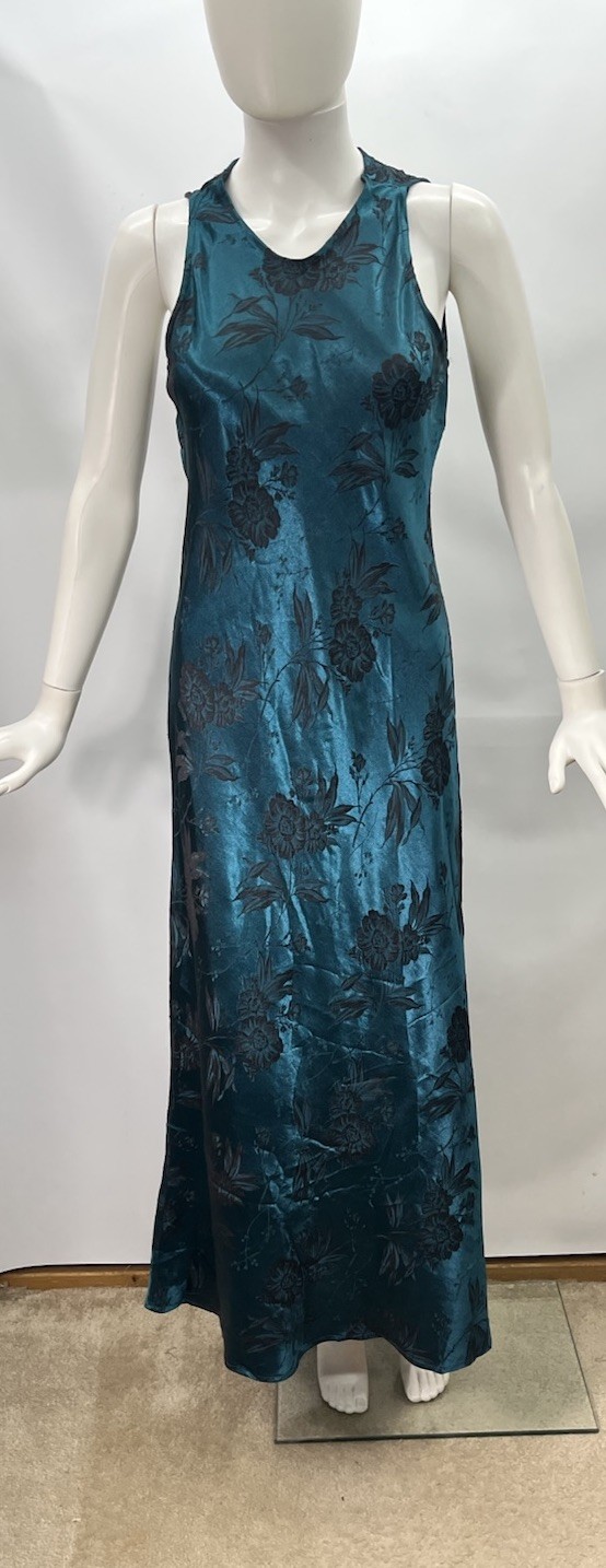 Vtg DBY Ltd. Teal Floral Embossed Asian Dress Sz 7 Bias Long Maxi