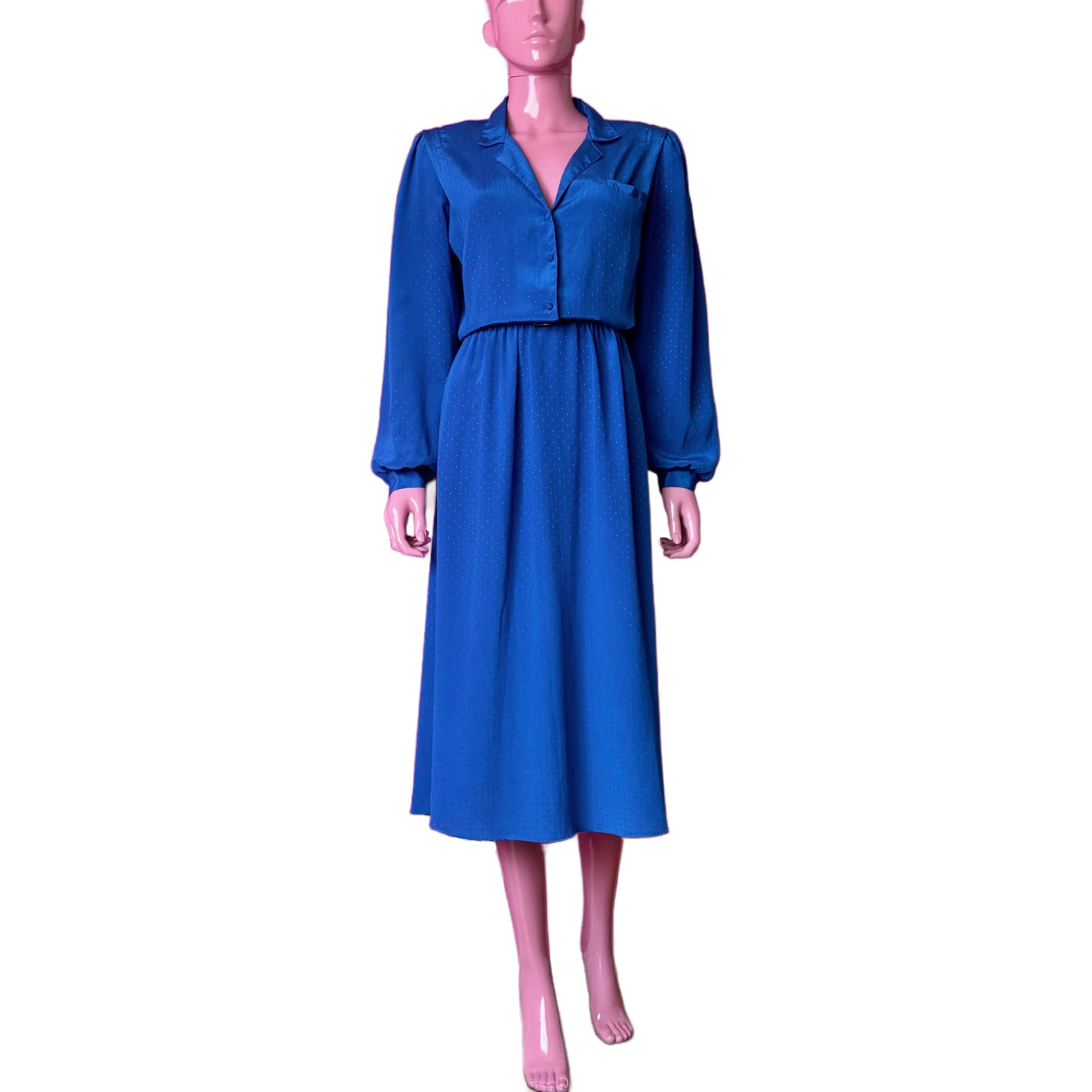 Vintage 80s L Secretary Dress: Cobalt Blue Satin Midi Vneck Blouson with Elastic