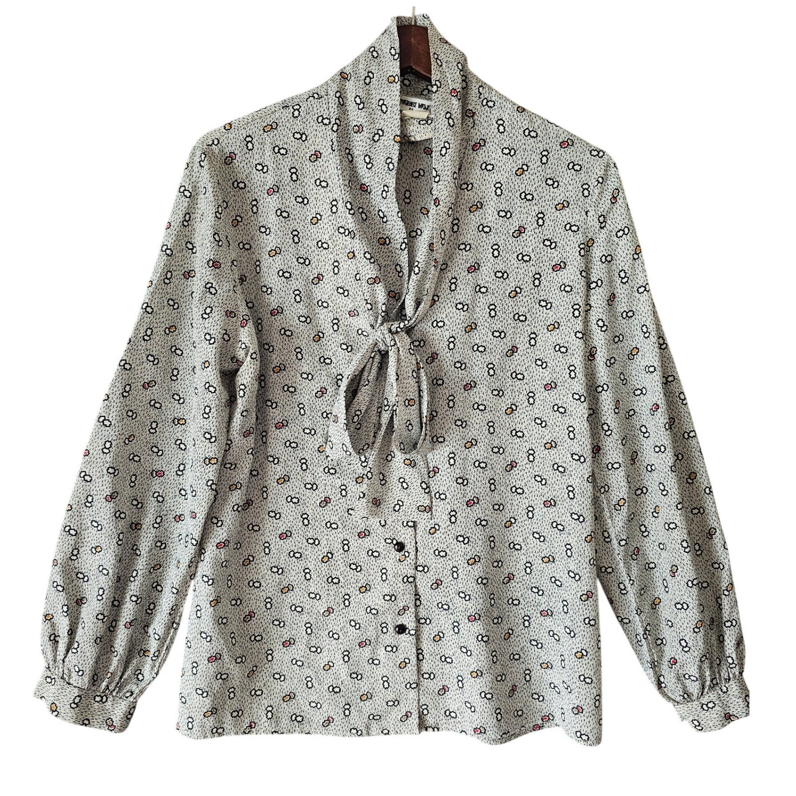 Vintage Contessa Monique Florence Alper Tie Neck Pussy Bow Print Blouse Size 14