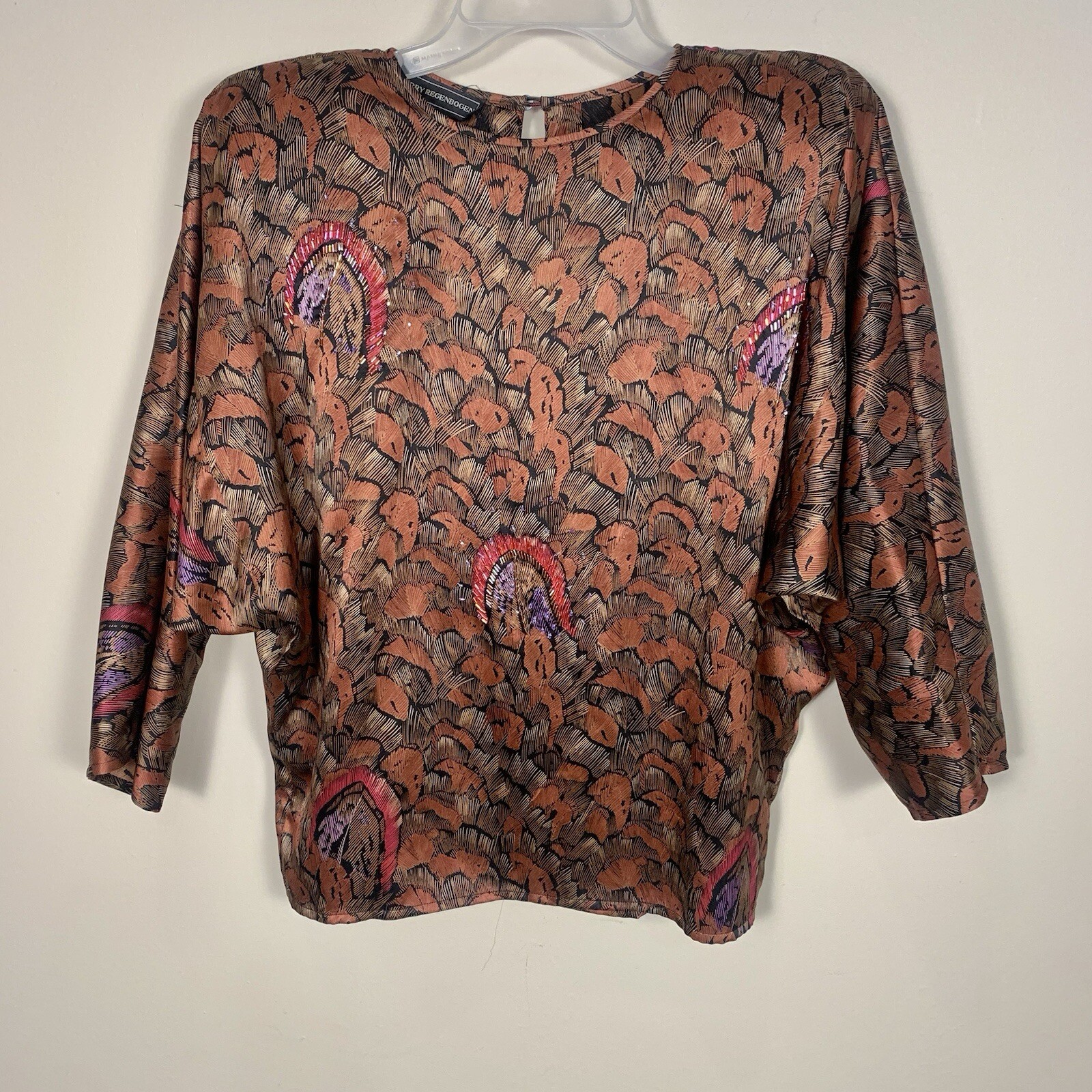 Jerry Regenbogen Vintage 80s 90s 100% Silk Embellished Dolman Sleeve Blouse 8