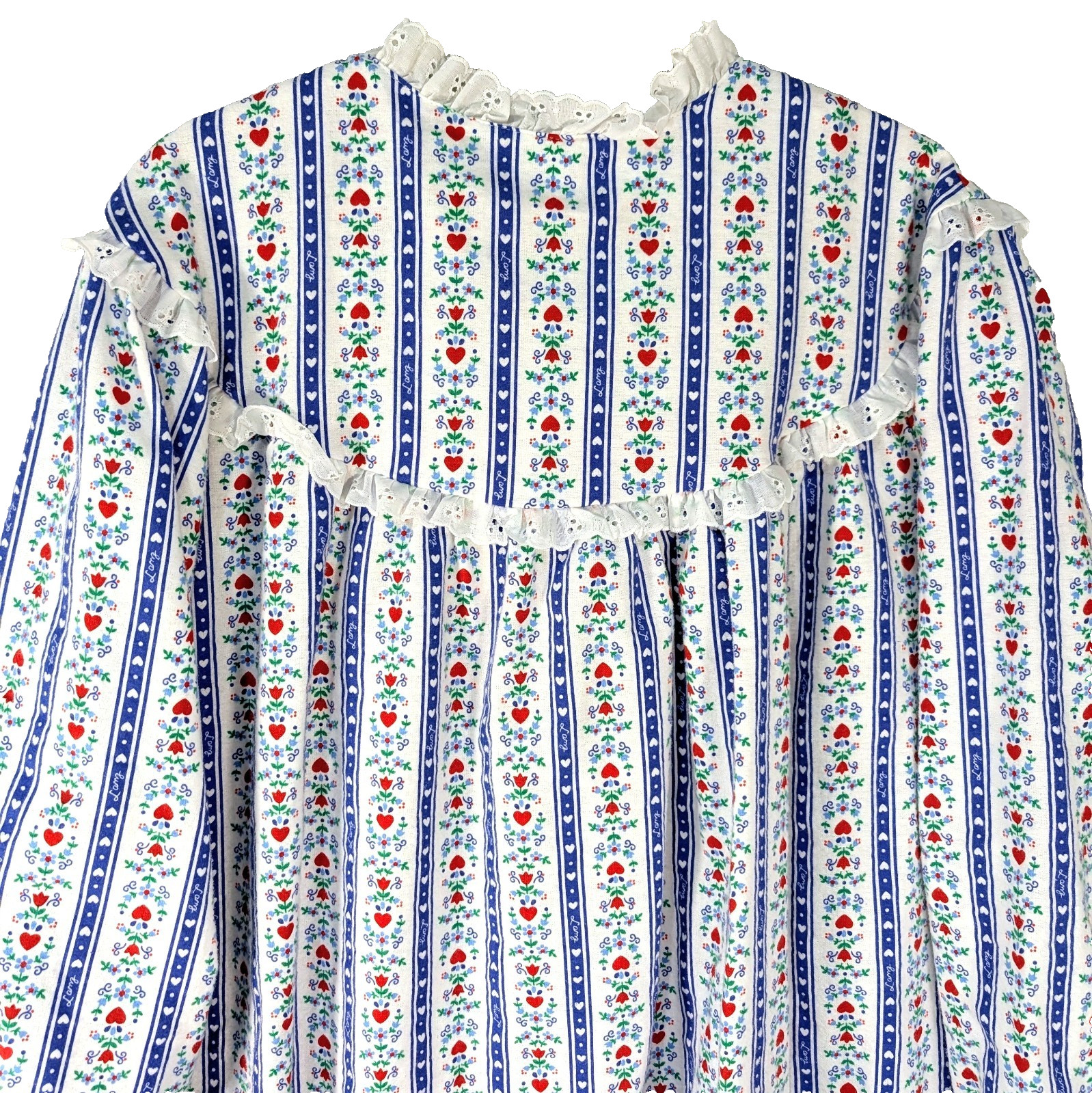 NEW LANZ 2X Tyrolean Hearts Floral Stripe Eyelet Lace 49″ Long Flannel Nightgown