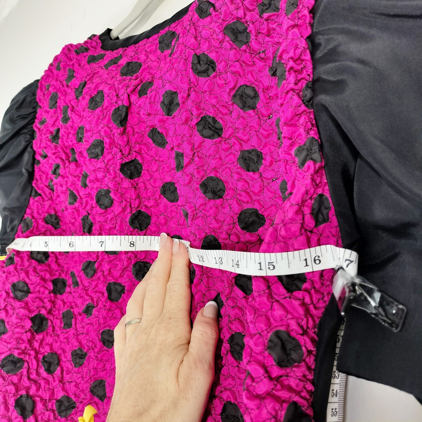 Plaza South Black Pink Dress; Vintage 80s Polka Dot Puff Sleeve Bow Accent