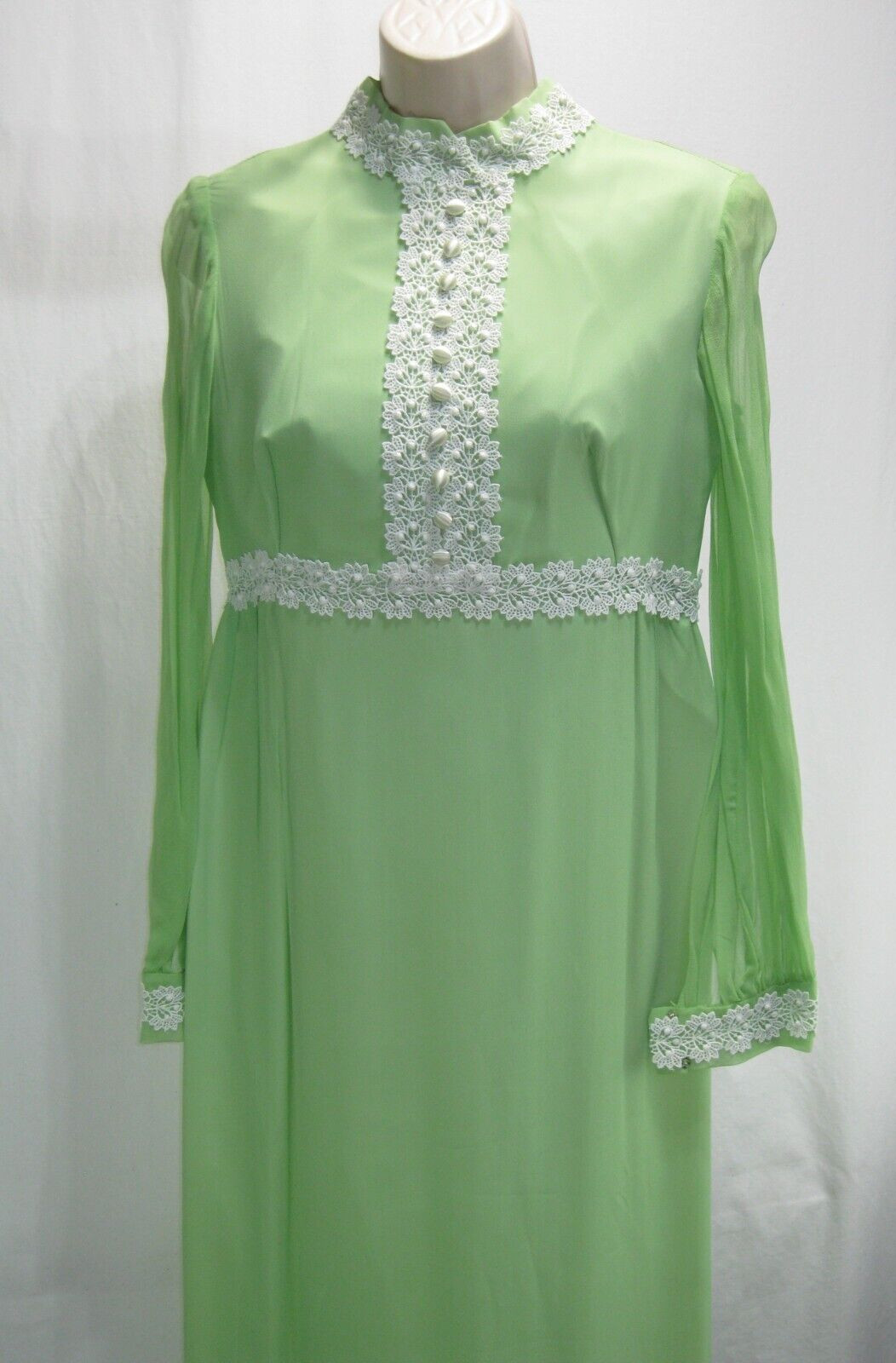 Vtg 60s 70s MOD Green MAXI PROM DRESS Chiffon BOHO Bishop Sleeves EMPIRE Sz 8