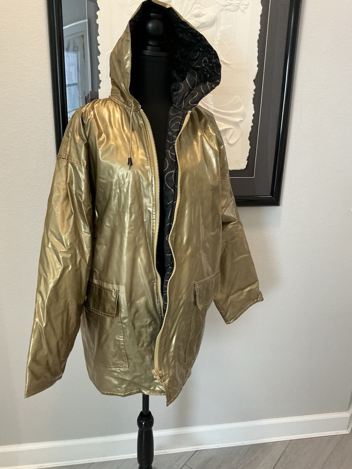 Vintage 1970S Wippette Gold Metallic Hooded Vinyl Raincoat Jacket L USA