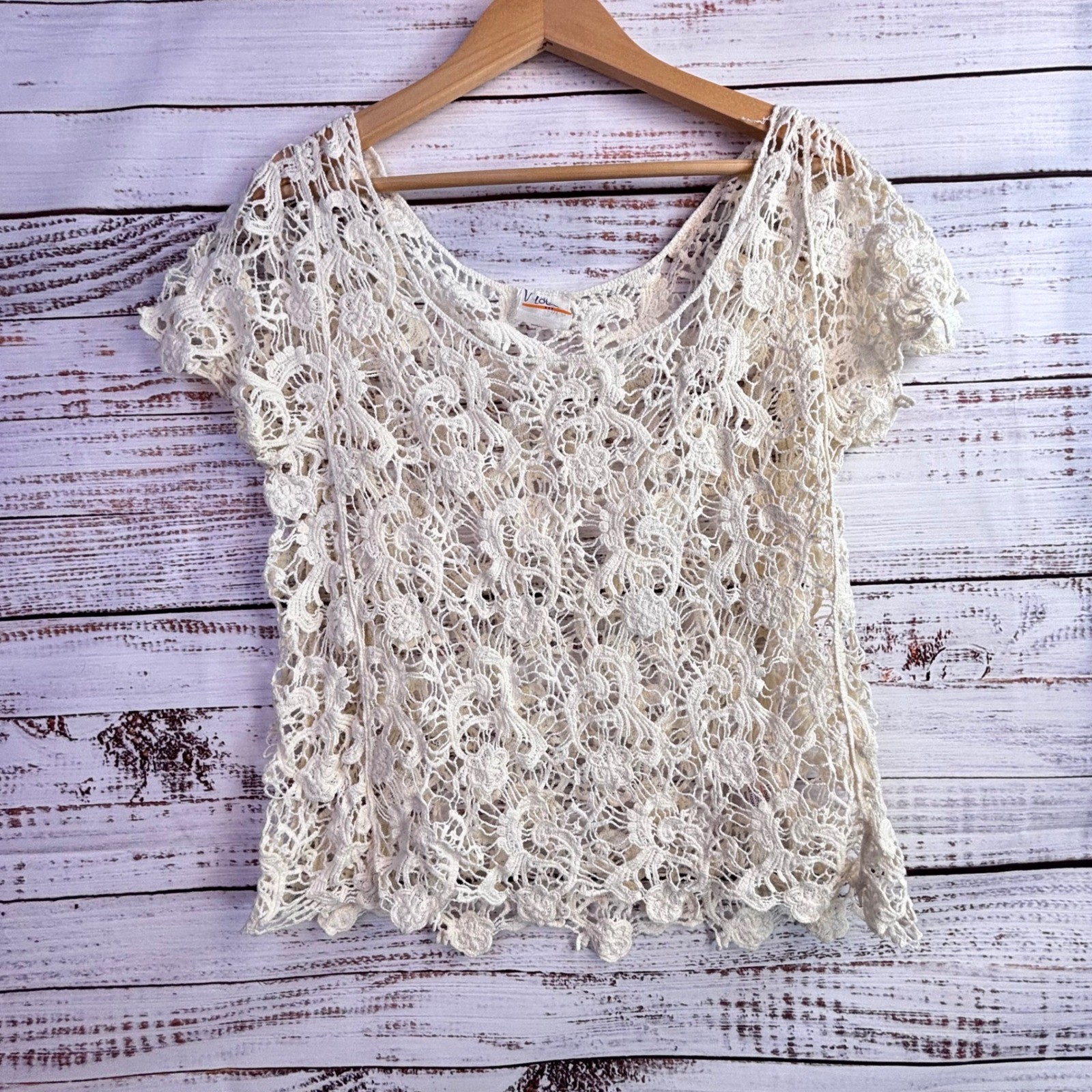 Vintage Crochet Top M Cream 100% Cotton Cottagecore Boho Romantic Shabby Chic