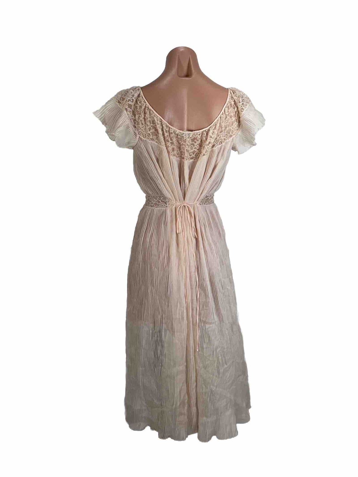 Vintage 40s Pink Crepe Slip Dress Ribbed Lace Gown Cap Sleeve PLUS 18 Bon Claire