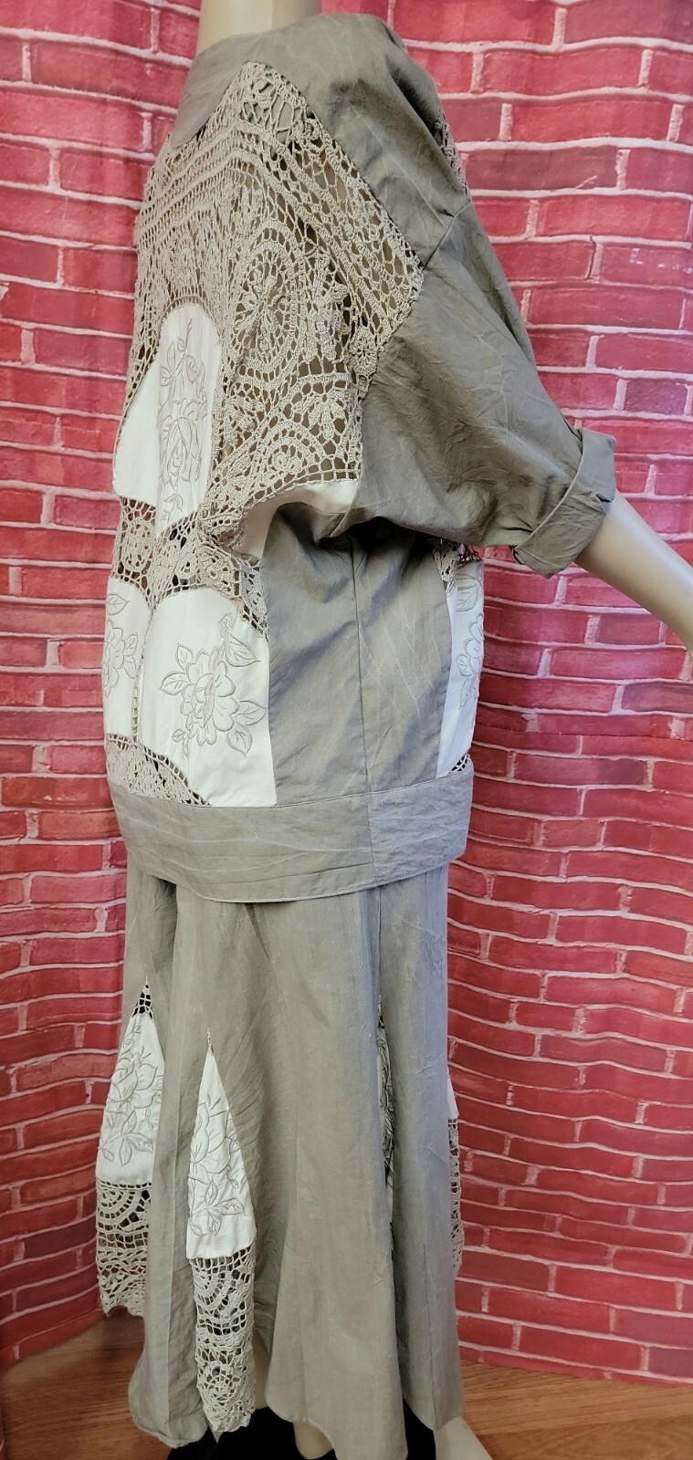 Lim’s VTG 2 Piece Set Cream Taupe Jacket & Skirt Crochet Embroidered Size M #C2