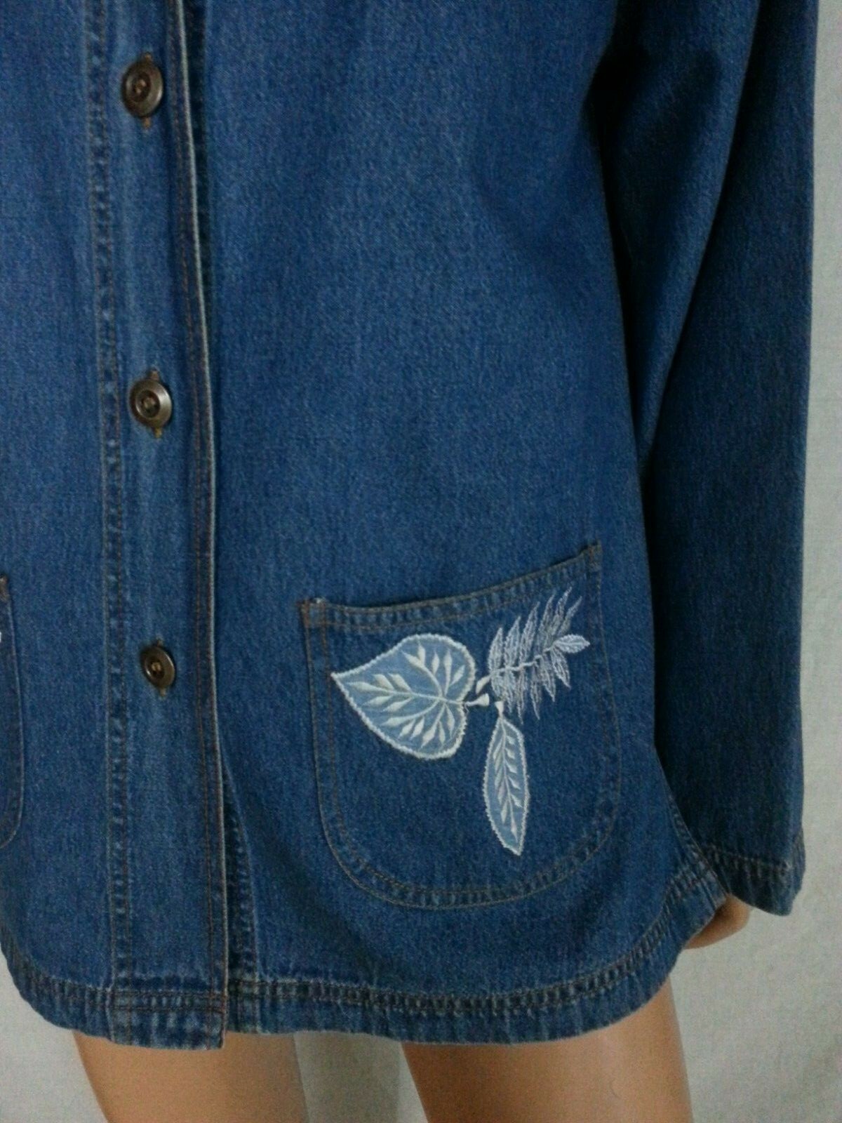 Vtg Women Blair Blue Jean Denim Jacket Coat Leaves Embroidery Butterfly Patch M