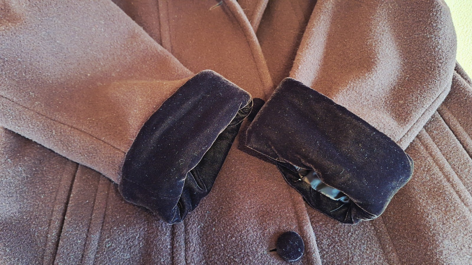 Halston Wool Hooded Coat In Chocolate Brown With Black Velvet Trim and Buttons.