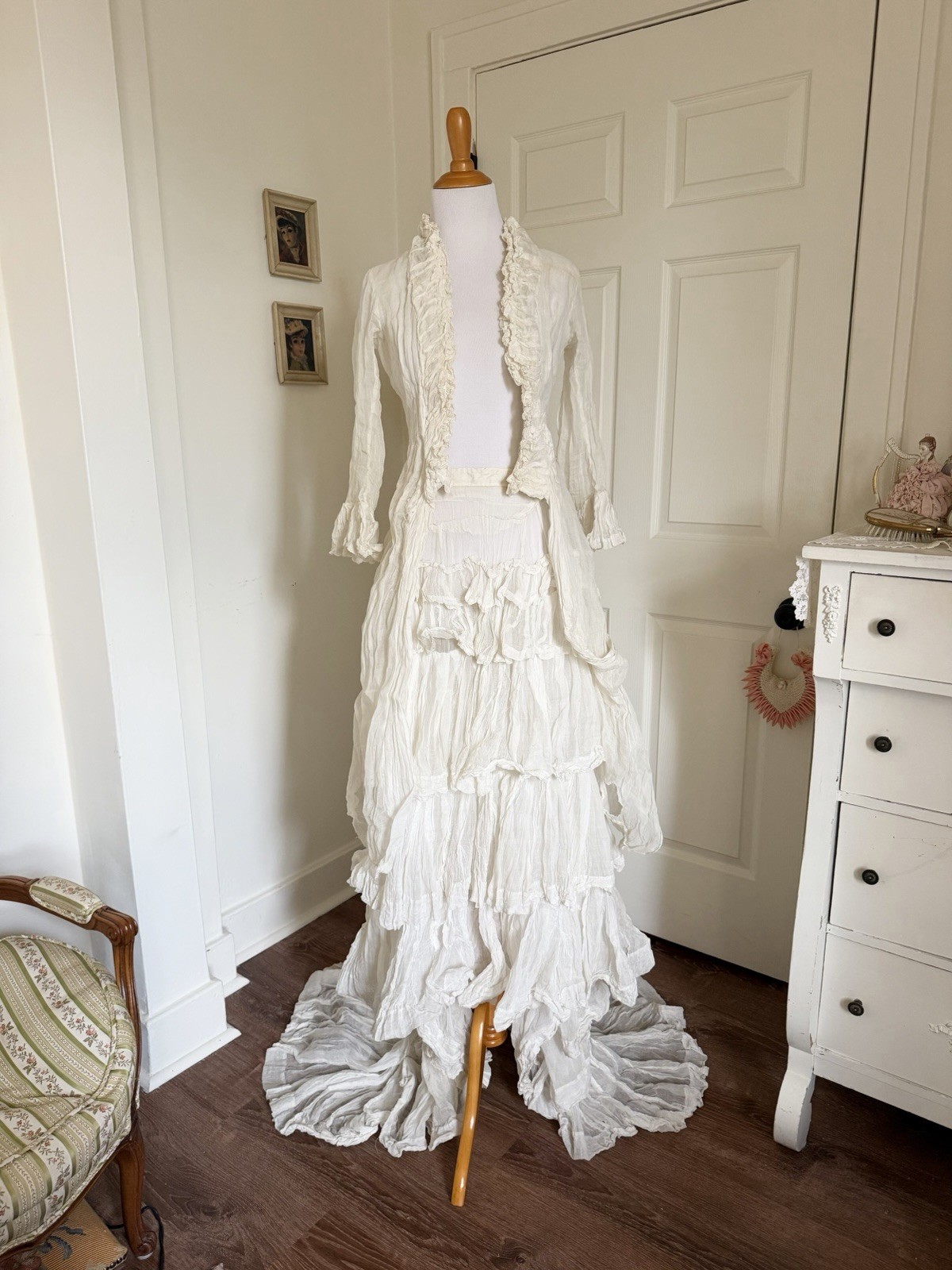Antique 1880s Victorian White Bustle Ensemble with Jacket Bodice & Ruffle Skirt