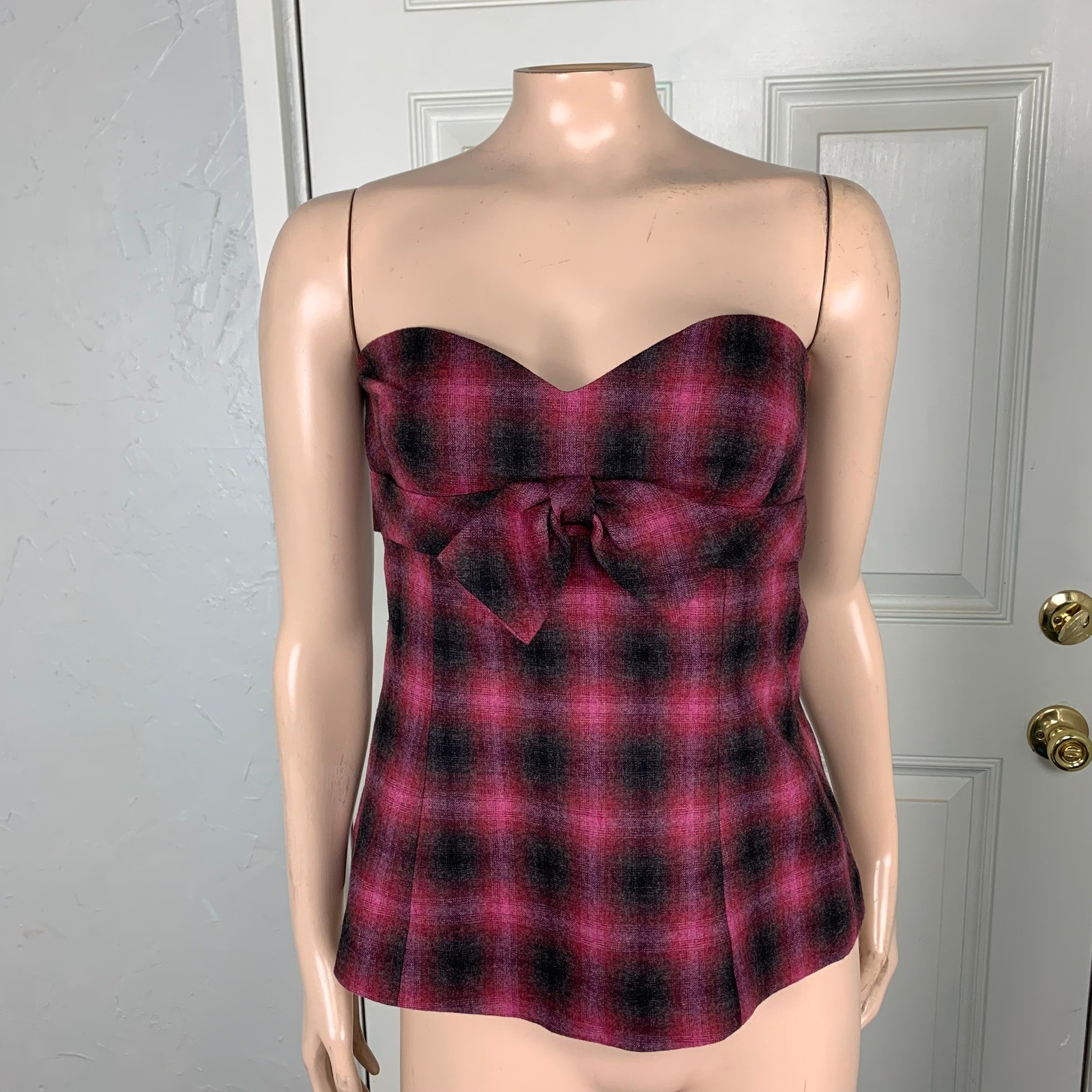 Trina Tuck Shirt 4 Plaid Wool Tube Top Women’s Bow Strapless Party I4-27