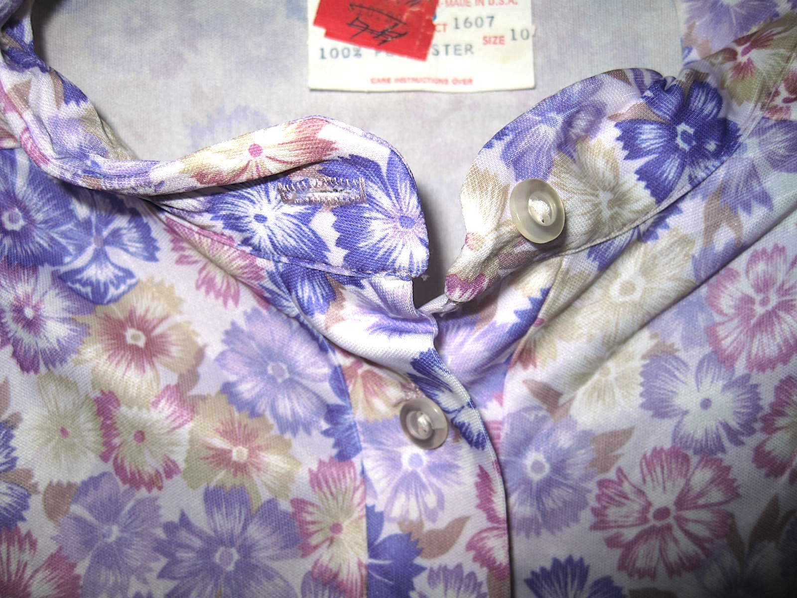 Society Hill Floral Mandarin Collar Lavender 1970s Top Long Sleeve Sash NOS
